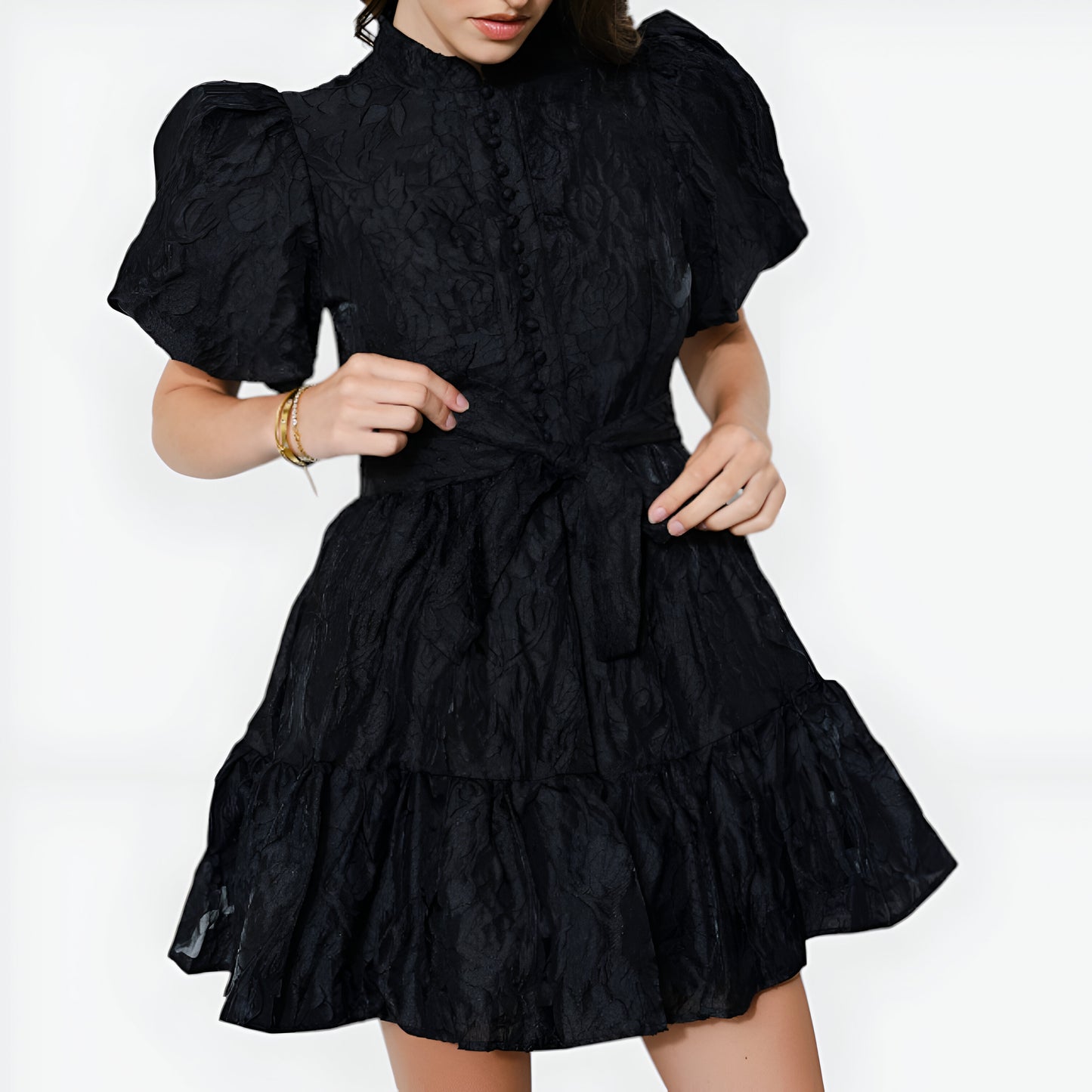 Textured Puff Sleeve Mini Dress with High Neck and Tiered Hem