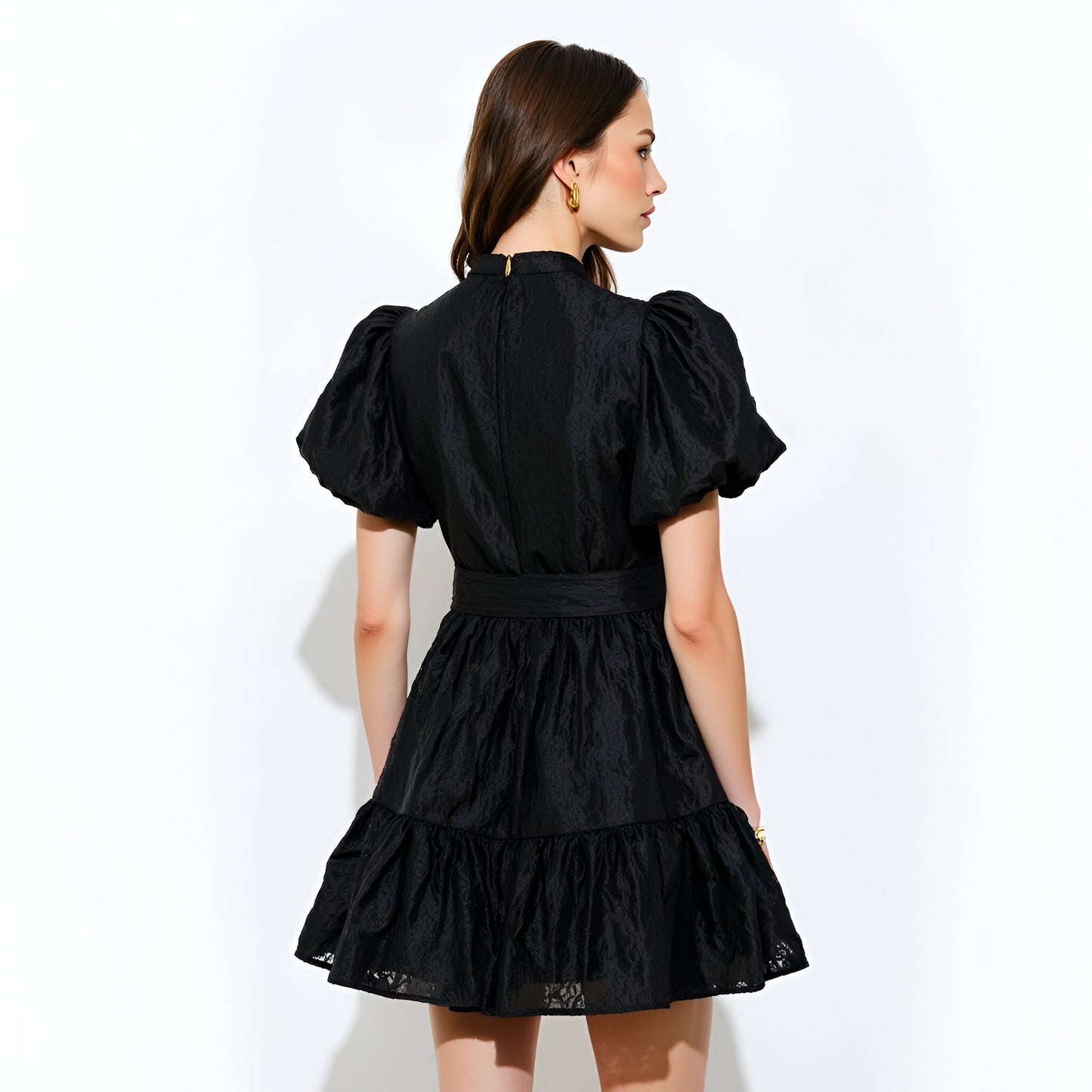Textured Puff Sleeve Mini Dress with High Neck and Tiered Hem