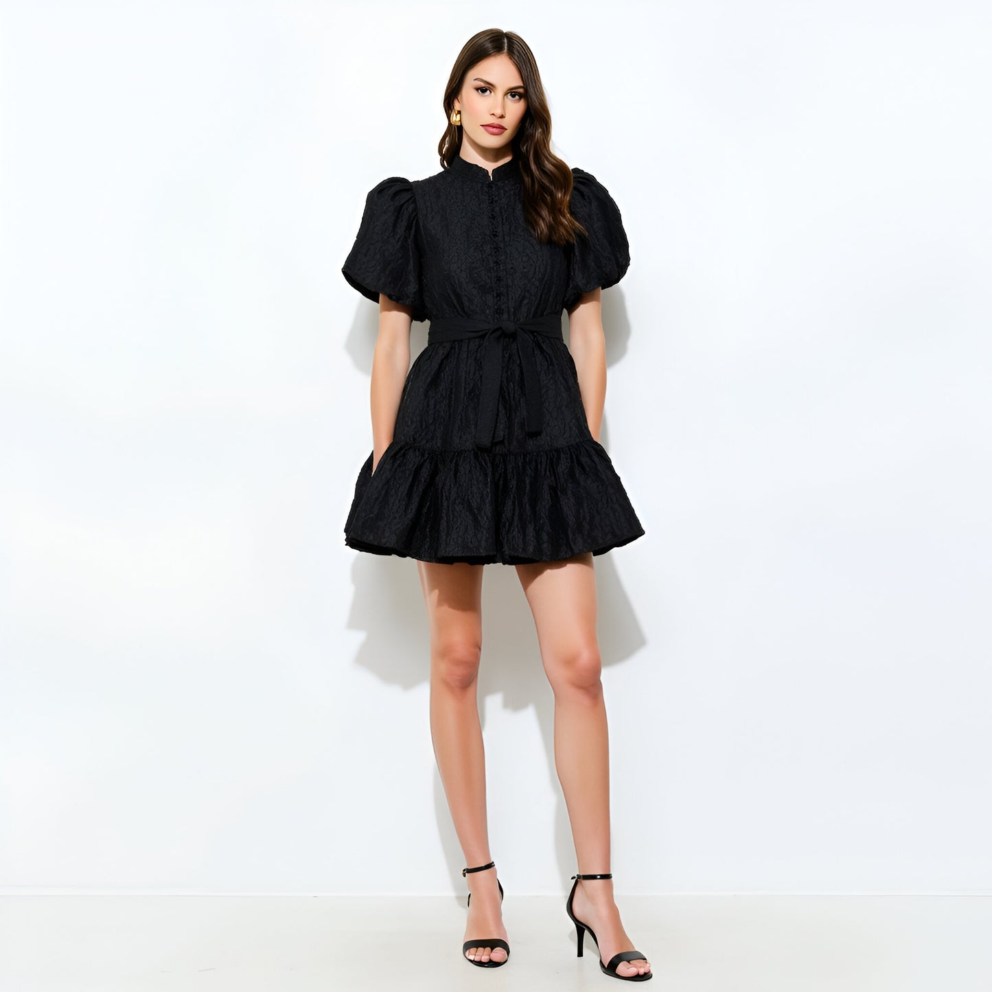 Textured Puff Sleeve Mini Dress with High Neck and Tiered Hem