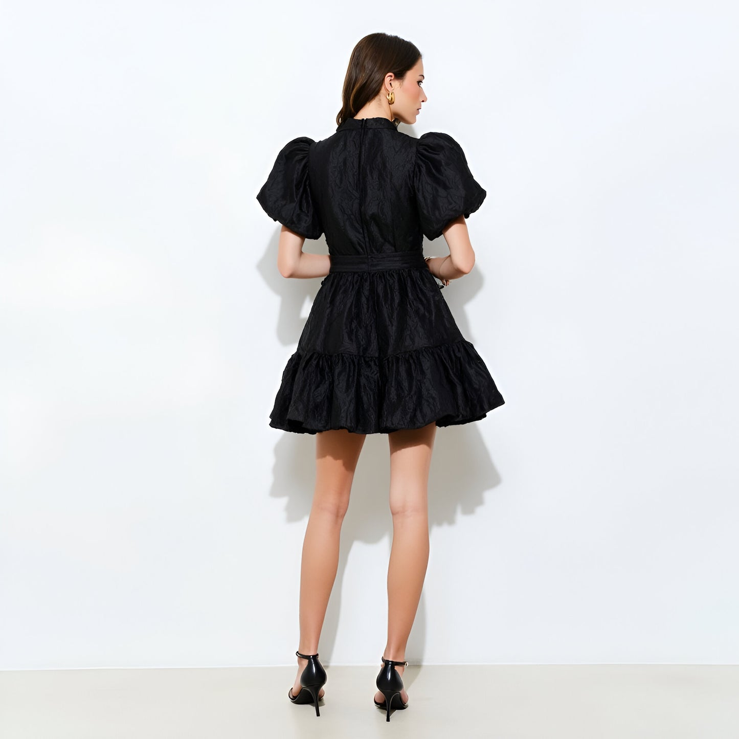 Textured Puff Sleeve Mini Dress with High Neck and Tiered Hem