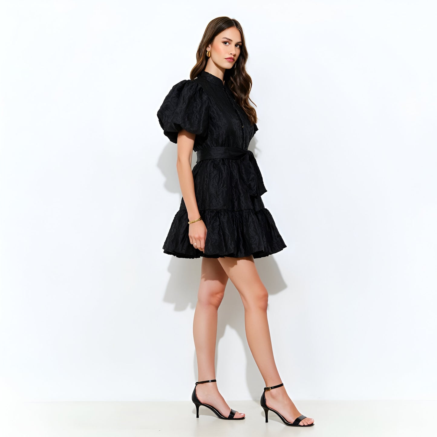 Textured Puff Sleeve Mini Dress with High Neck and Tiered Hem