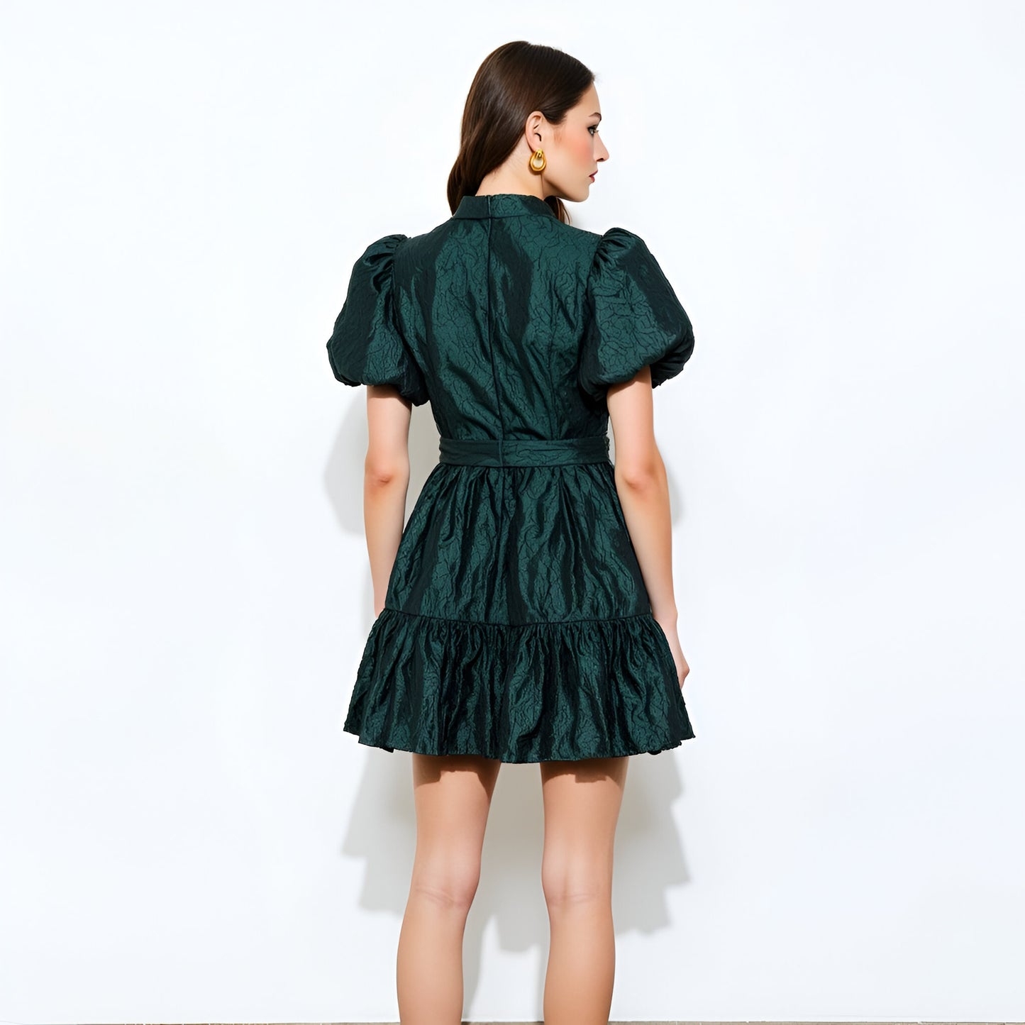 Textured Puff Sleeve Mini Dress with Button Front and Waist Tie