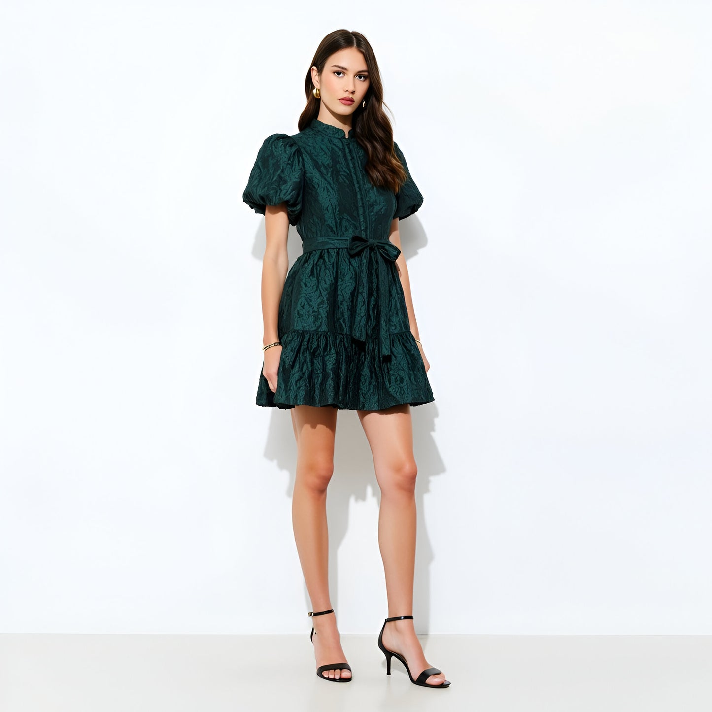 Textured Puff Sleeve Mini Dress with Button Front and Waist Tie