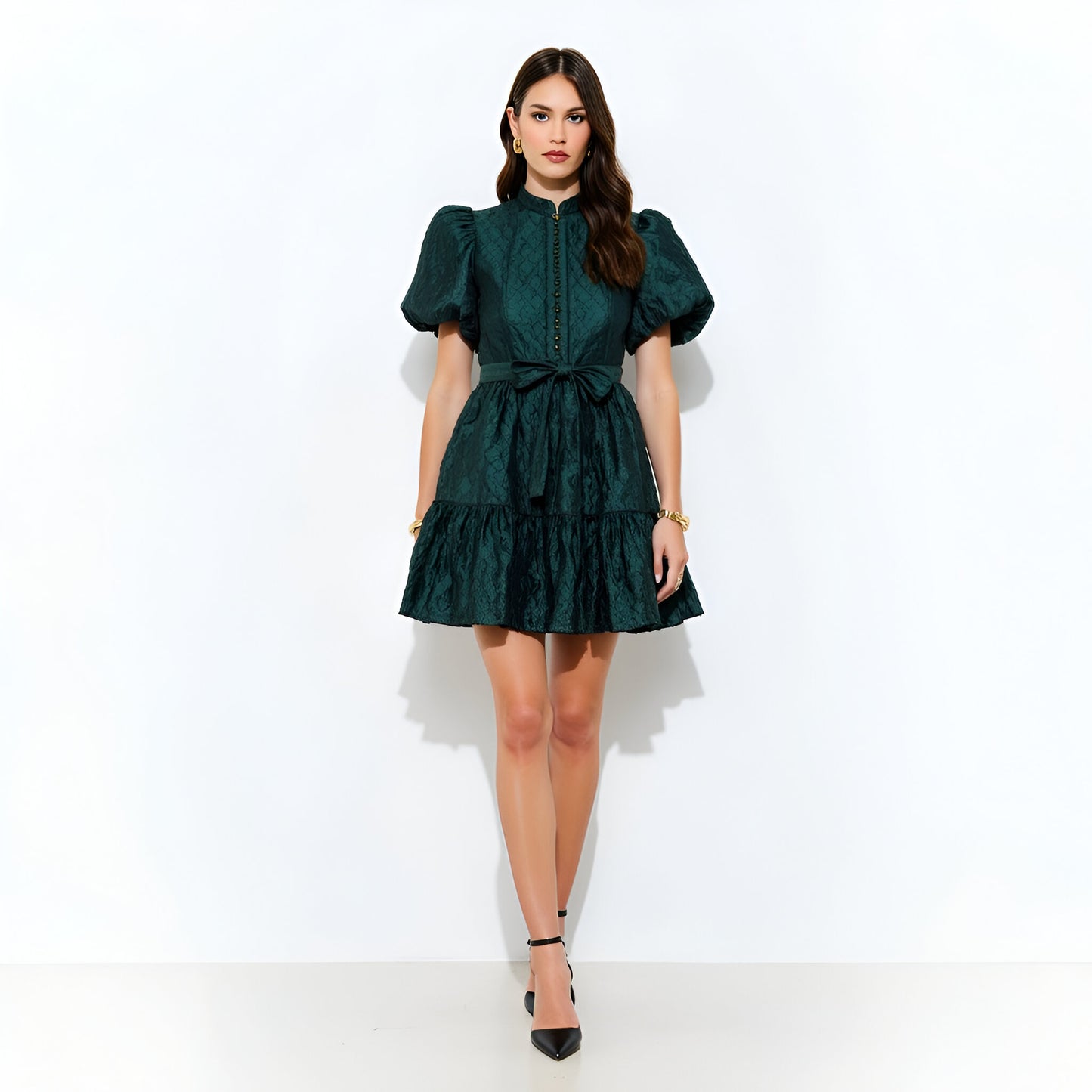 Textured Puff Sleeve Mini Dress with Button Front and Waist Tie