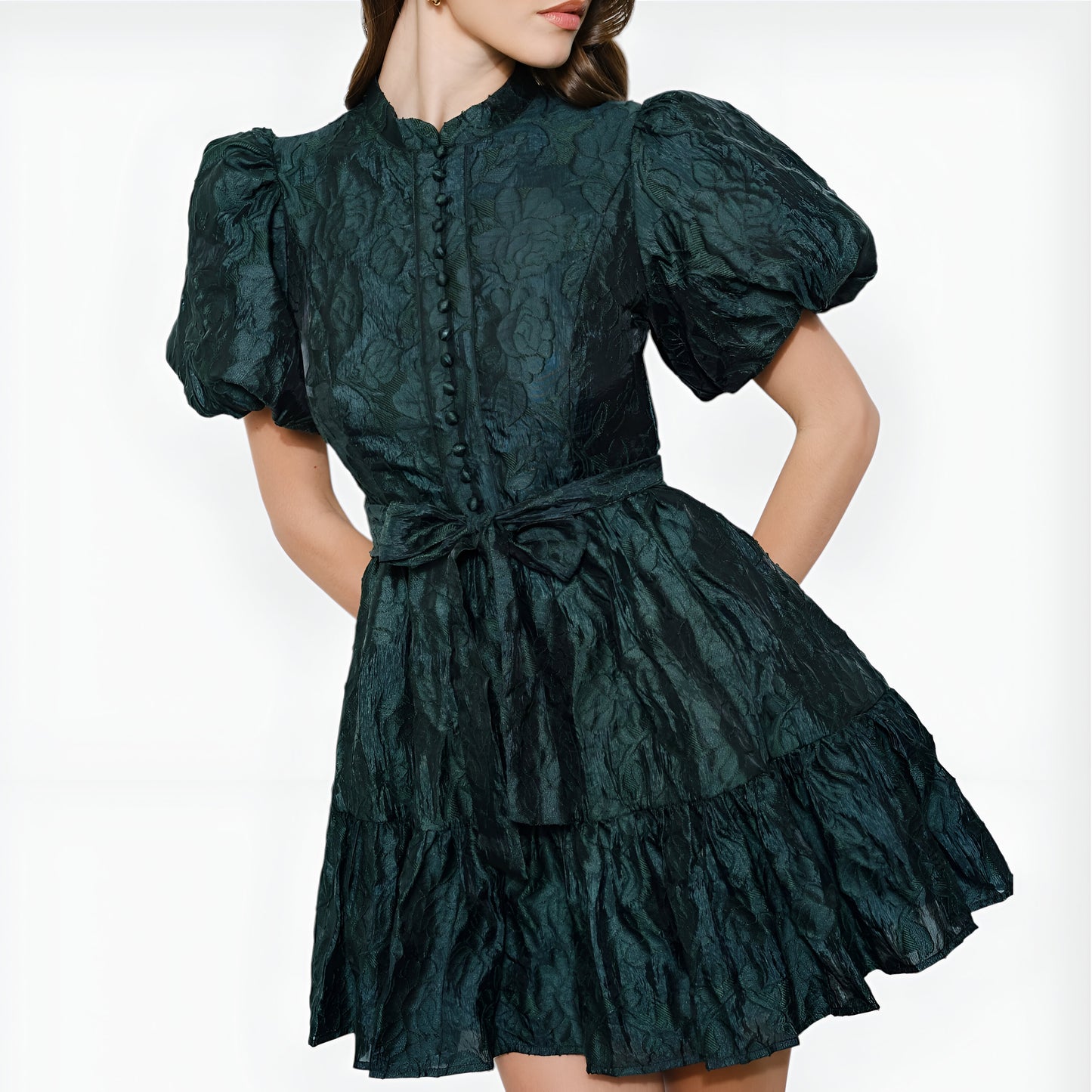 Textured Puff Sleeve Mini Dress with Button Front and Waist Tie