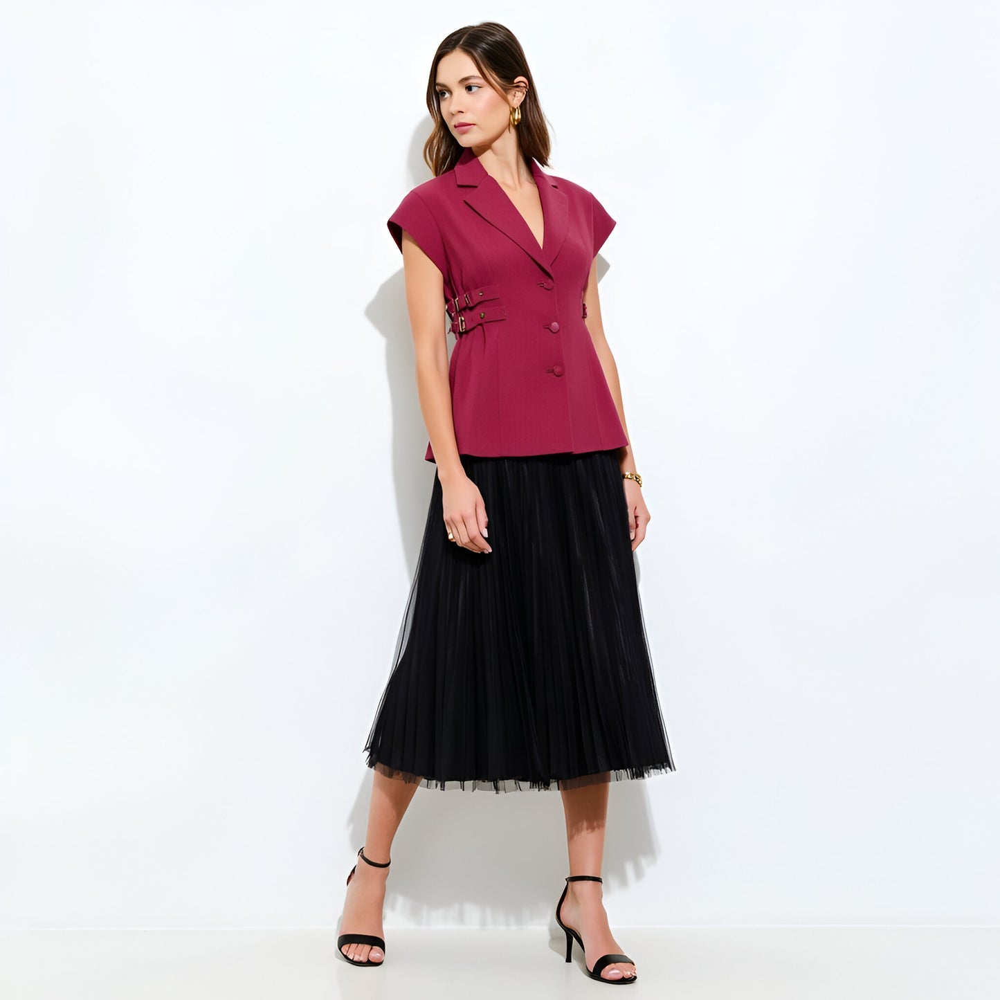 Cap Sleeve Blazer Top with Notched Lapel, Side Buckles and Front Buttons