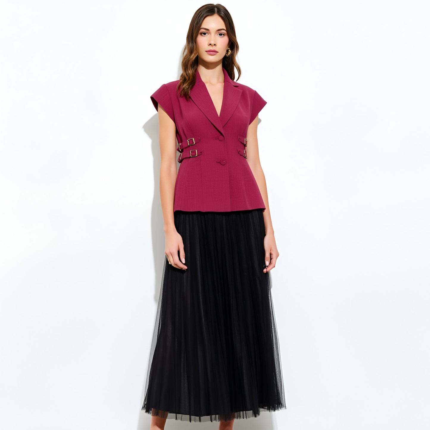 Cap Sleeve Blazer Top with Notched Lapel, Side Buckles and Front Buttons