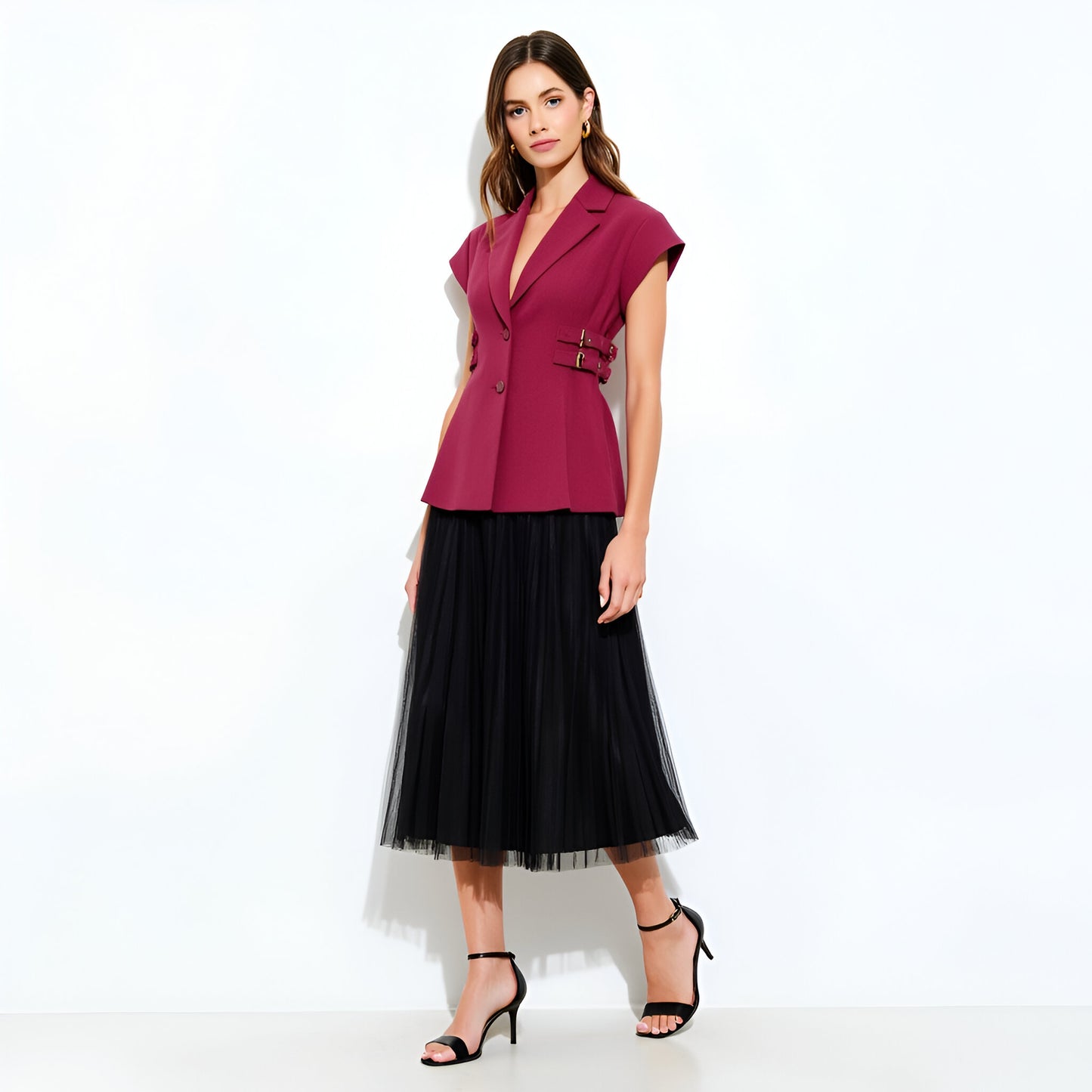 Cap Sleeve Blazer Top with Notched Lapel, Side Buckles and Front Buttons