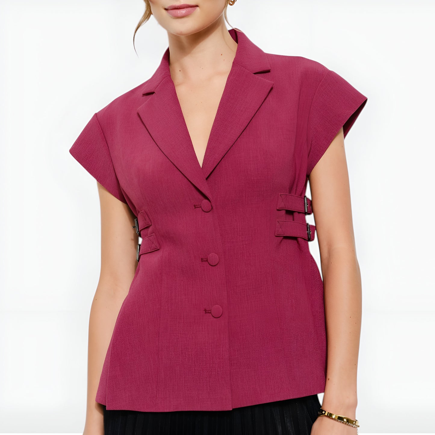 Cap Sleeve Blazer Top with Notched Lapel, Side Buckles and Front Buttons