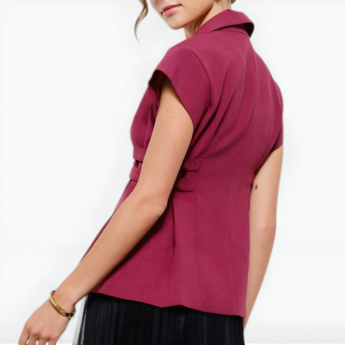 Cap Sleeve Blazer Top with Notched Lapel, Side Buckles and Front Buttons