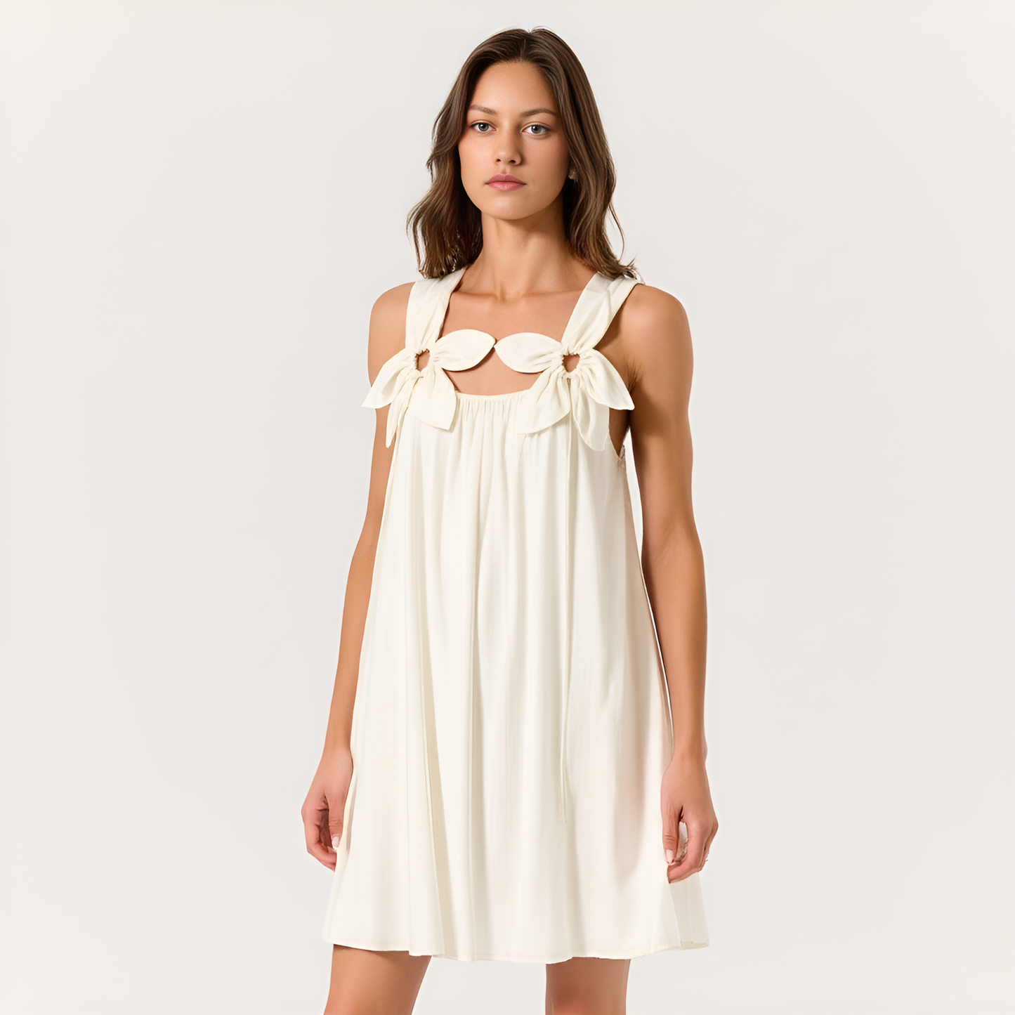 Sleeveless Babydoll Mini Dress with Floral Appliqué Straps