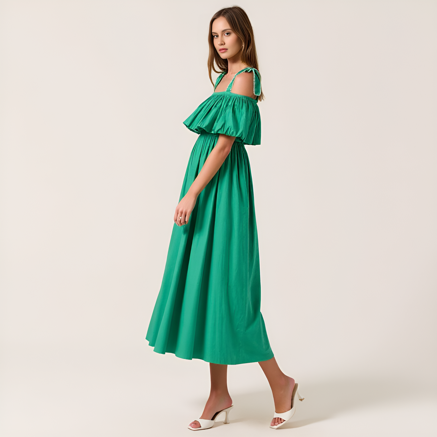 Off-Shoulder Ruffle Midi Dress with Bow-Tie Straps and Smocked Waist