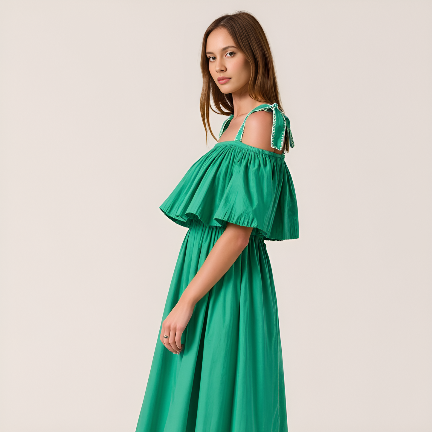 Off-Shoulder Ruffle Midi Dress with Bow-Tie Straps and Smocked Waist