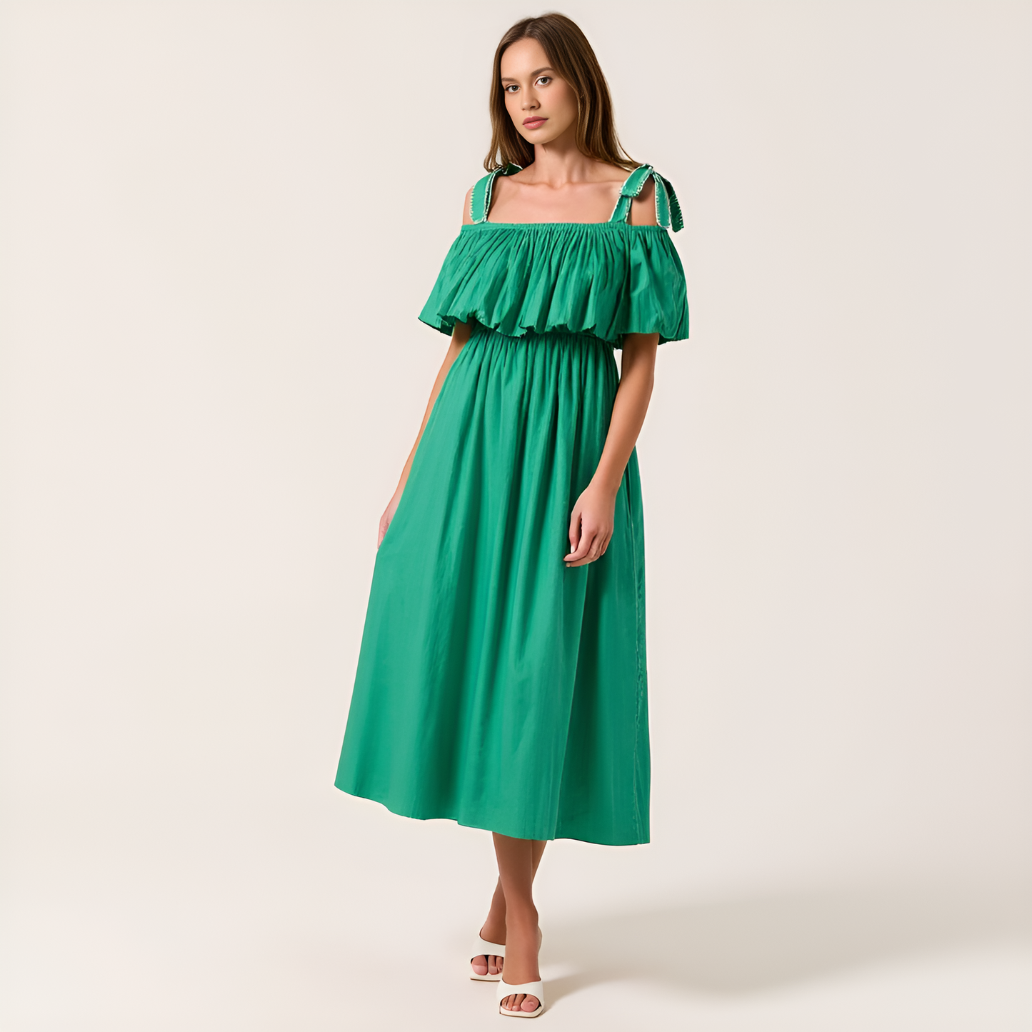 Off-Shoulder Ruffle Midi Dress with Bow-Tie Straps and Smocked Waist