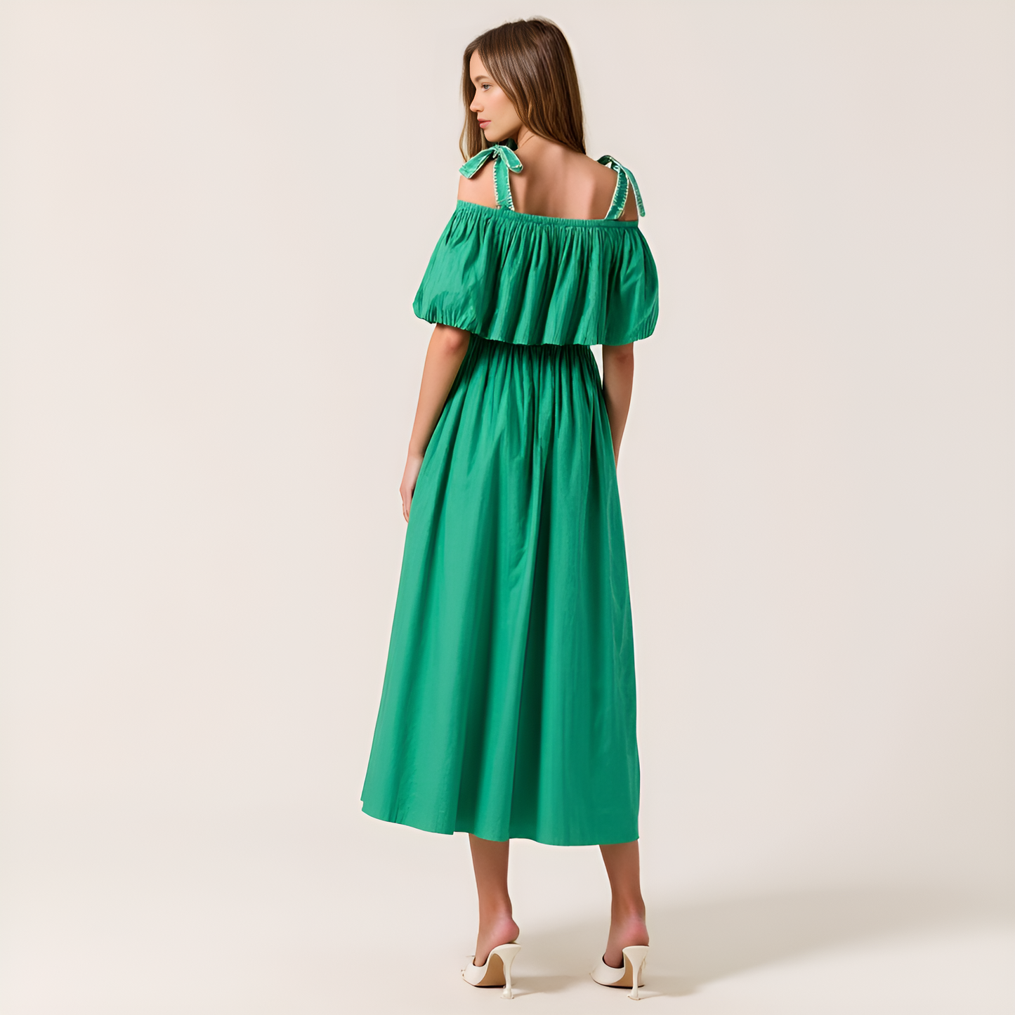 Off-Shoulder Ruffle Midi Dress with Bow-Tie Straps and Smocked Waist