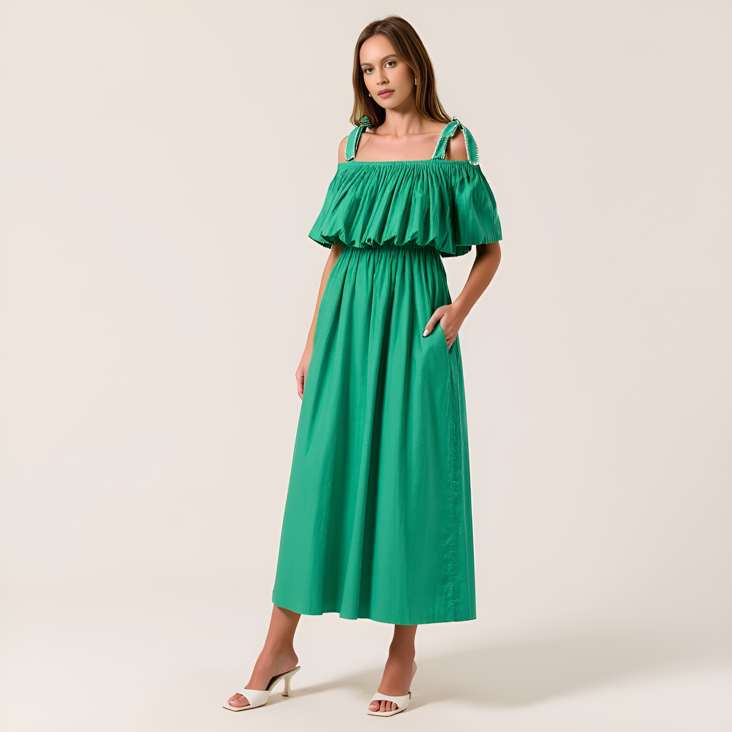 Off-Shoulder Ruffle Midi Dress with Bow-Tie Straps and Smocked Waist