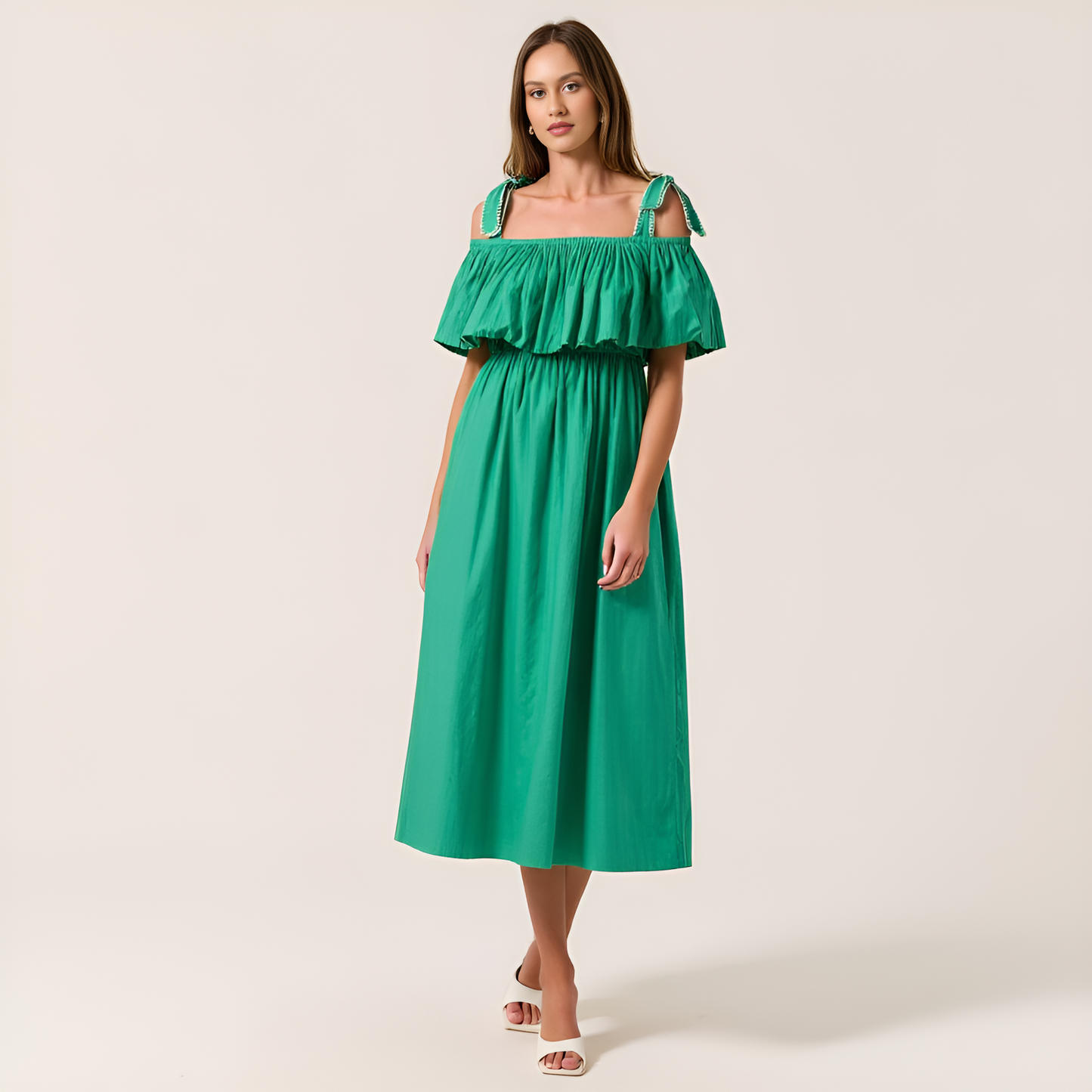 Off-Shoulder Ruffle Midi Dress with Bow-Tie Straps and Smocked Waist