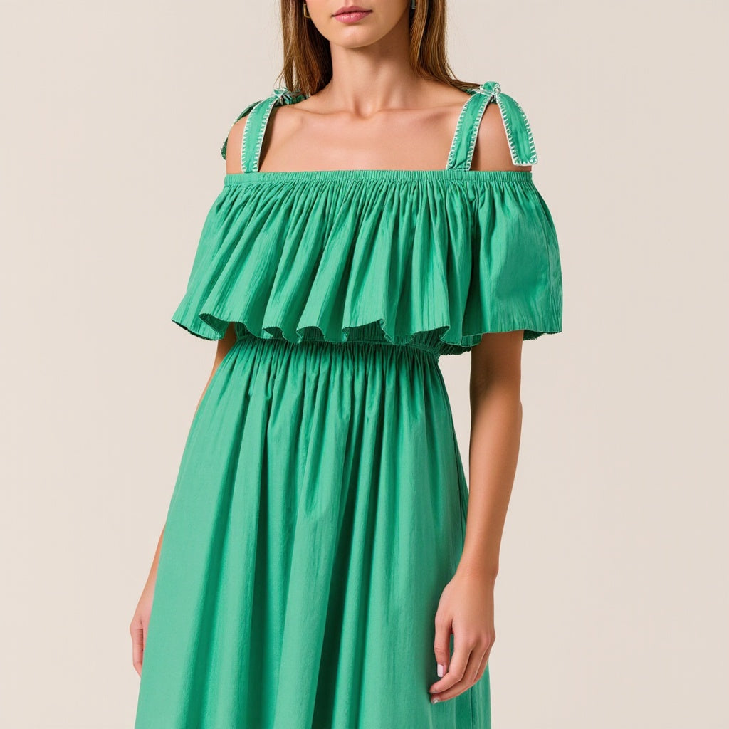 Off-Shoulder Ruffle Midi Dress with Bow-Tie Straps and Smocked Waist
