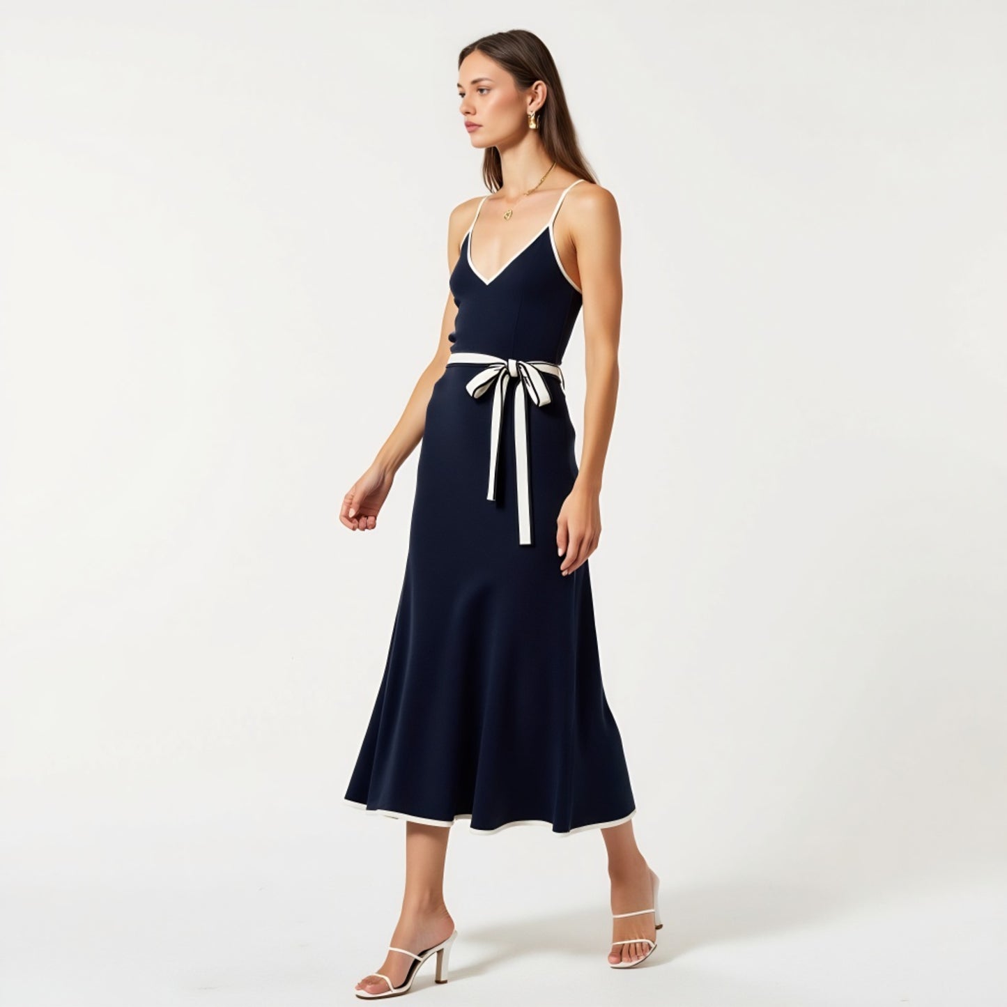 Contrast Trim Knit Maxi Dress with Spaghetti Straps and Waist Tie