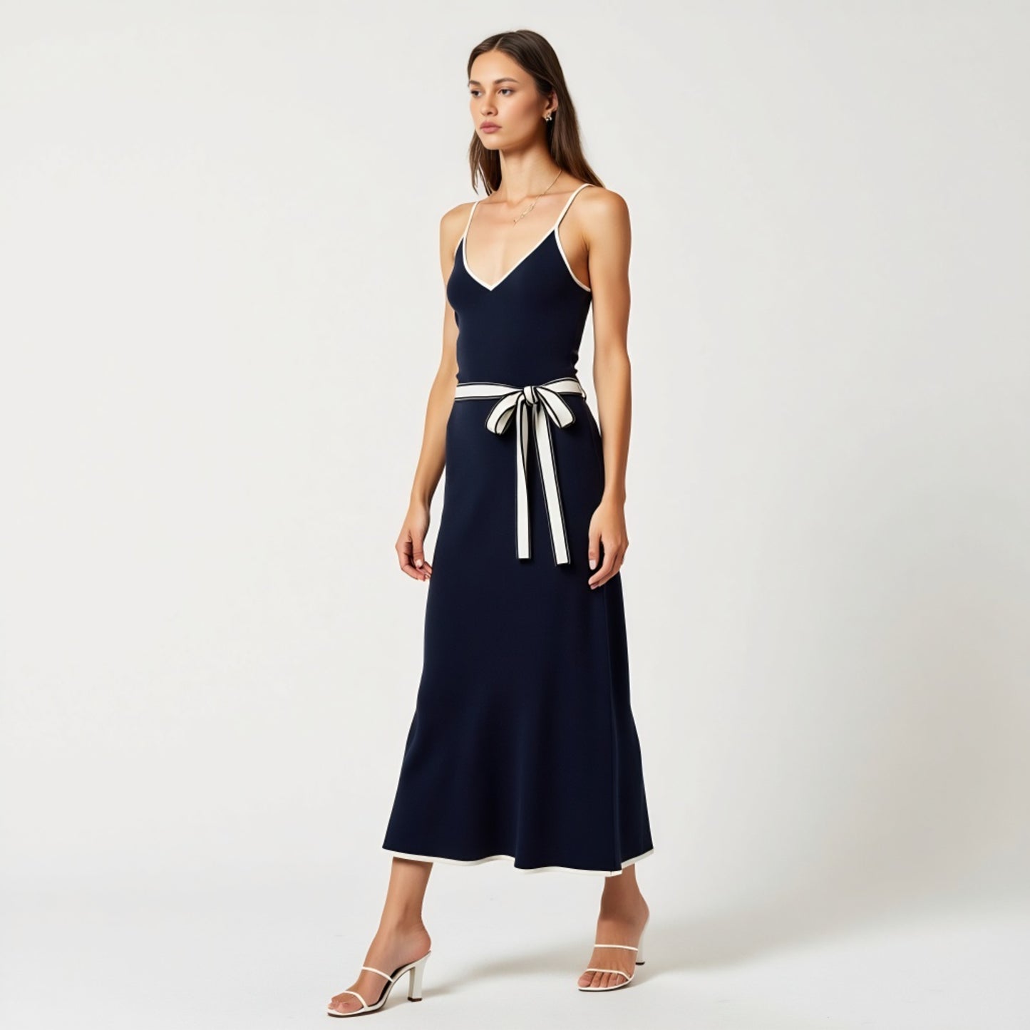 Contrast Trim Knit Maxi Dress with Spaghetti Straps and Waist Tie