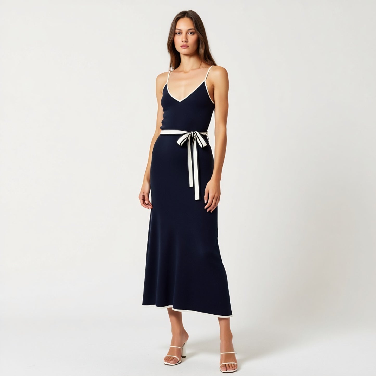 Contrast Trim Knit Maxi Dress with Spaghetti Straps and Waist Tie