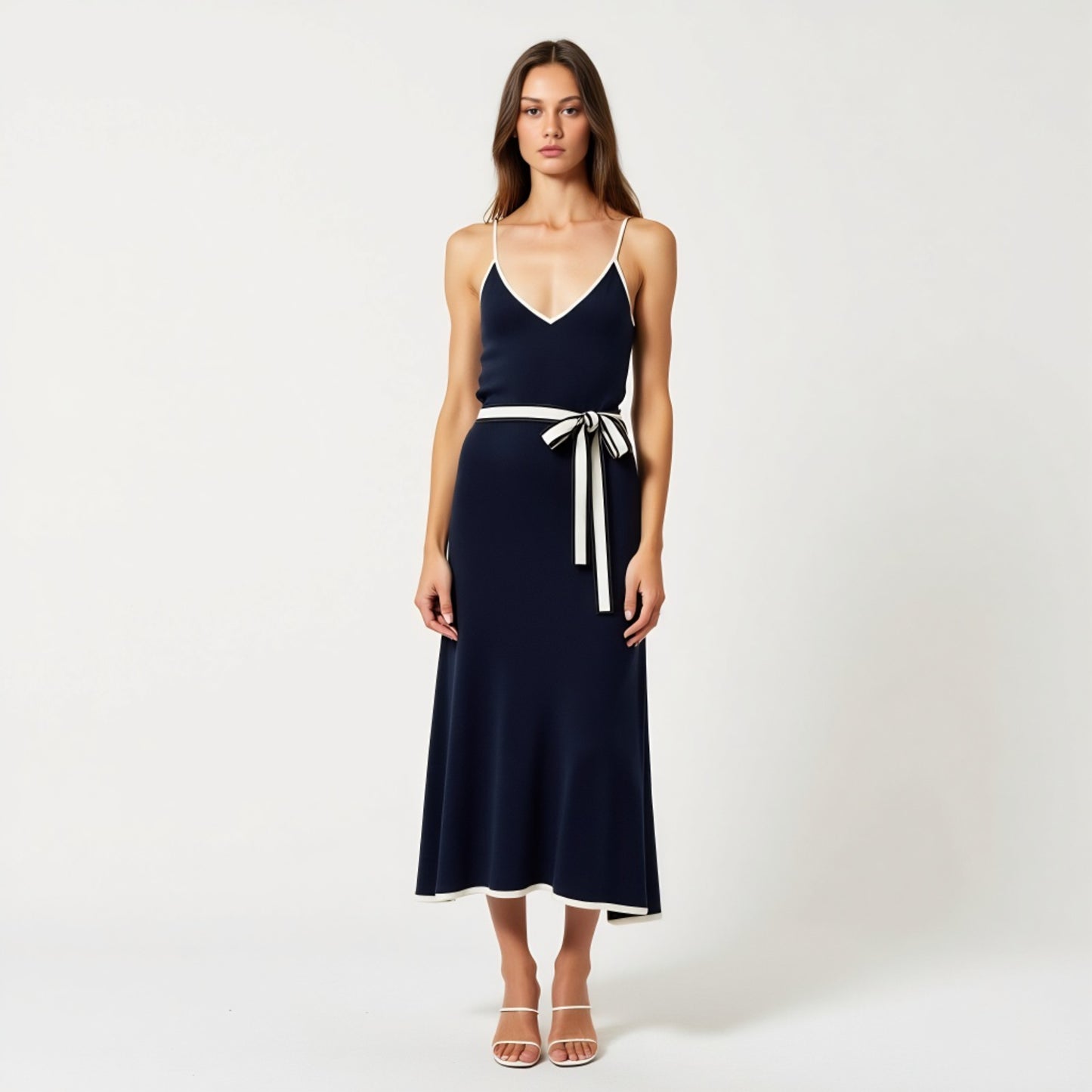 Contrast Trim Knit Maxi Dress with Spaghetti Straps and Waist Tie