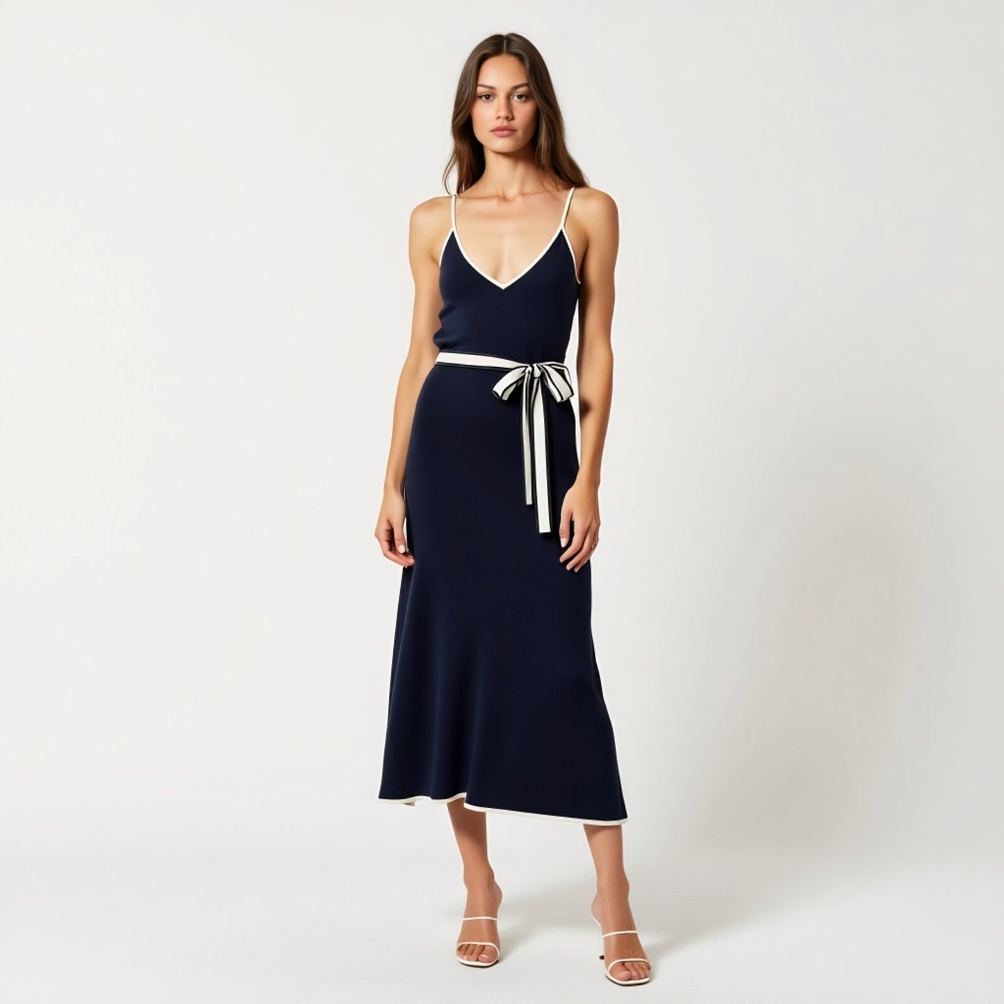Contrast Trim Knit Maxi Dress with Spaghetti Straps and Waist Tie