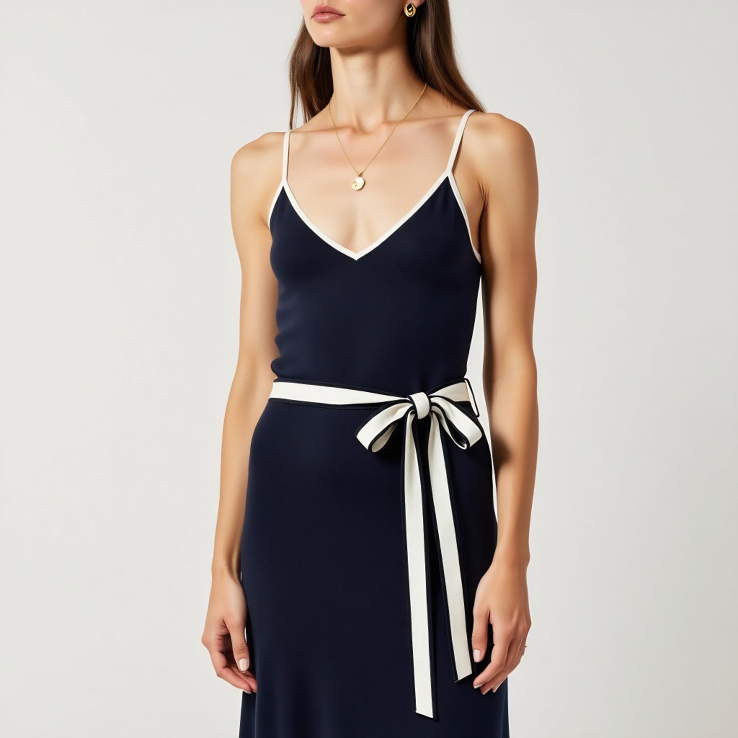 Contrast Trim Knit Maxi Dress with Spaghetti Straps and Waist Tie