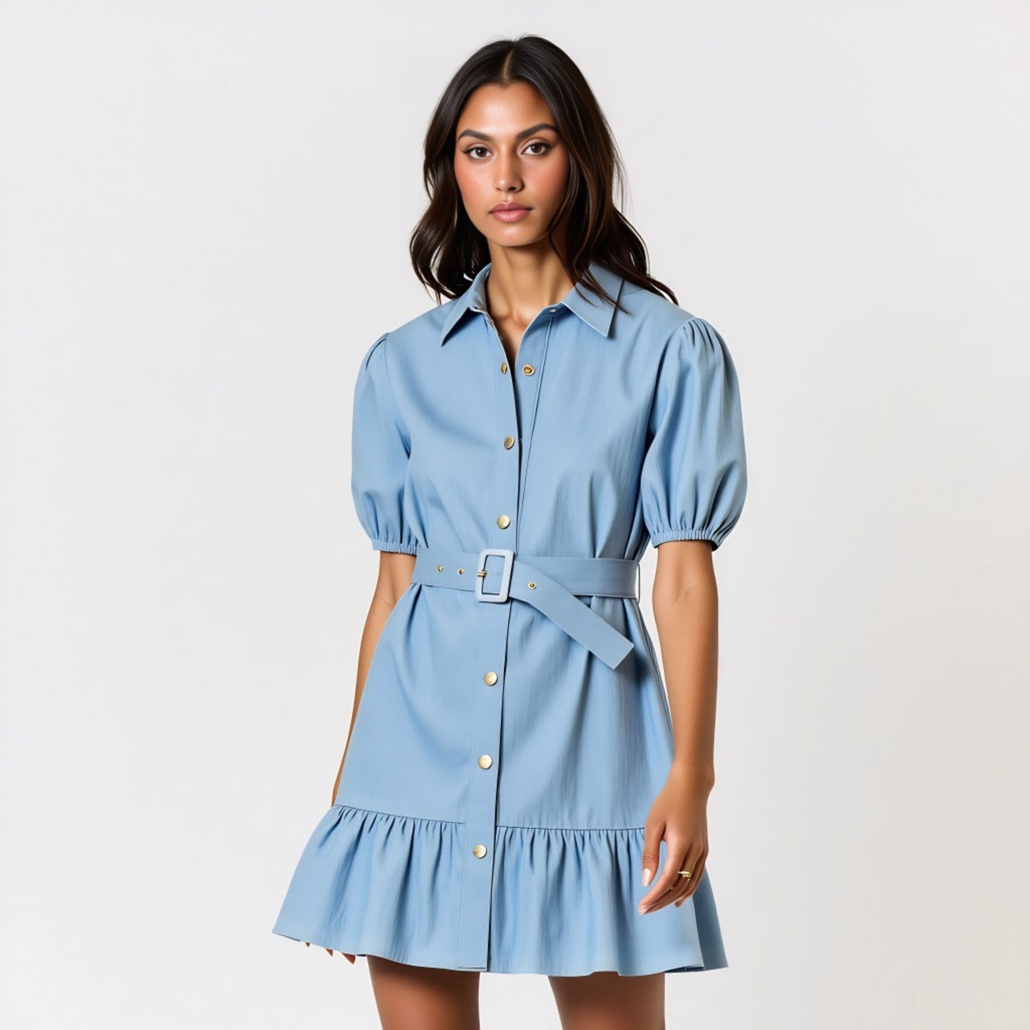 Short Sleeve Belted Button-Up Mini Dress with Puff Sleeves