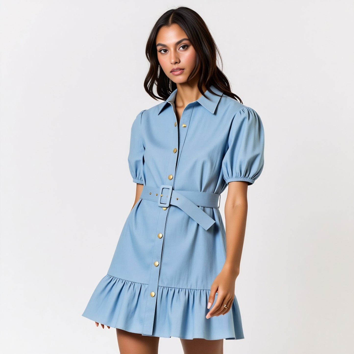 Short Sleeve Belted Button-Up Mini Dress with Puff Sleeves