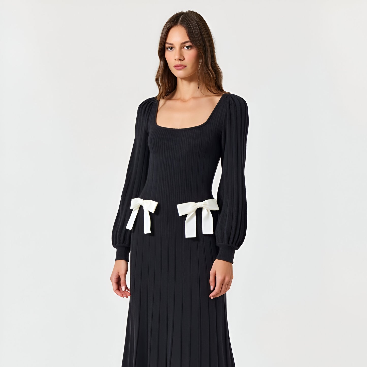 Front Bow Detail Flared Sweater Maxi Dress with Square Neckline and Long Puff Sleeves