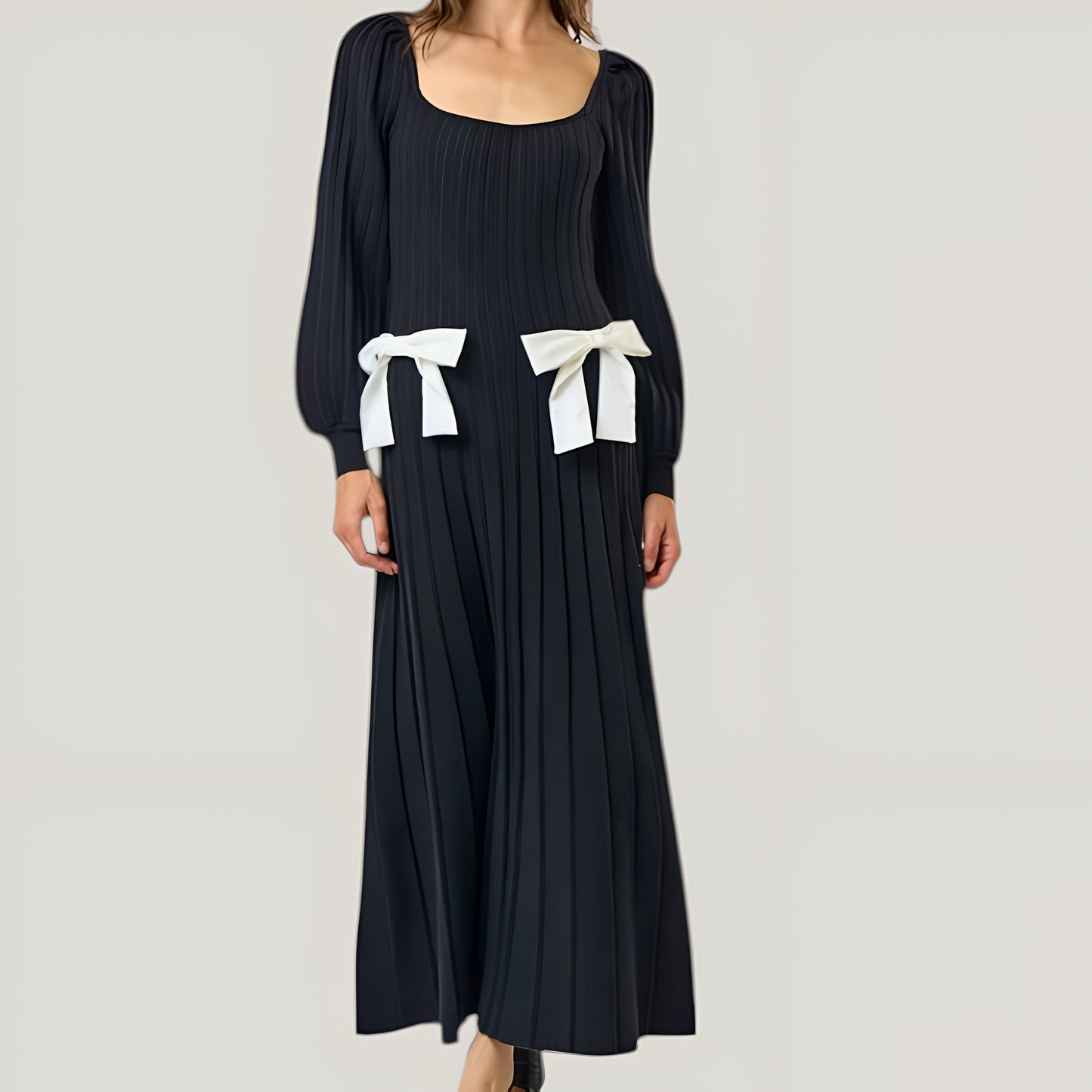 Front Bow Detail Flared Sweater Maxi Dress with Square Neckline and Long Puff Sleeves