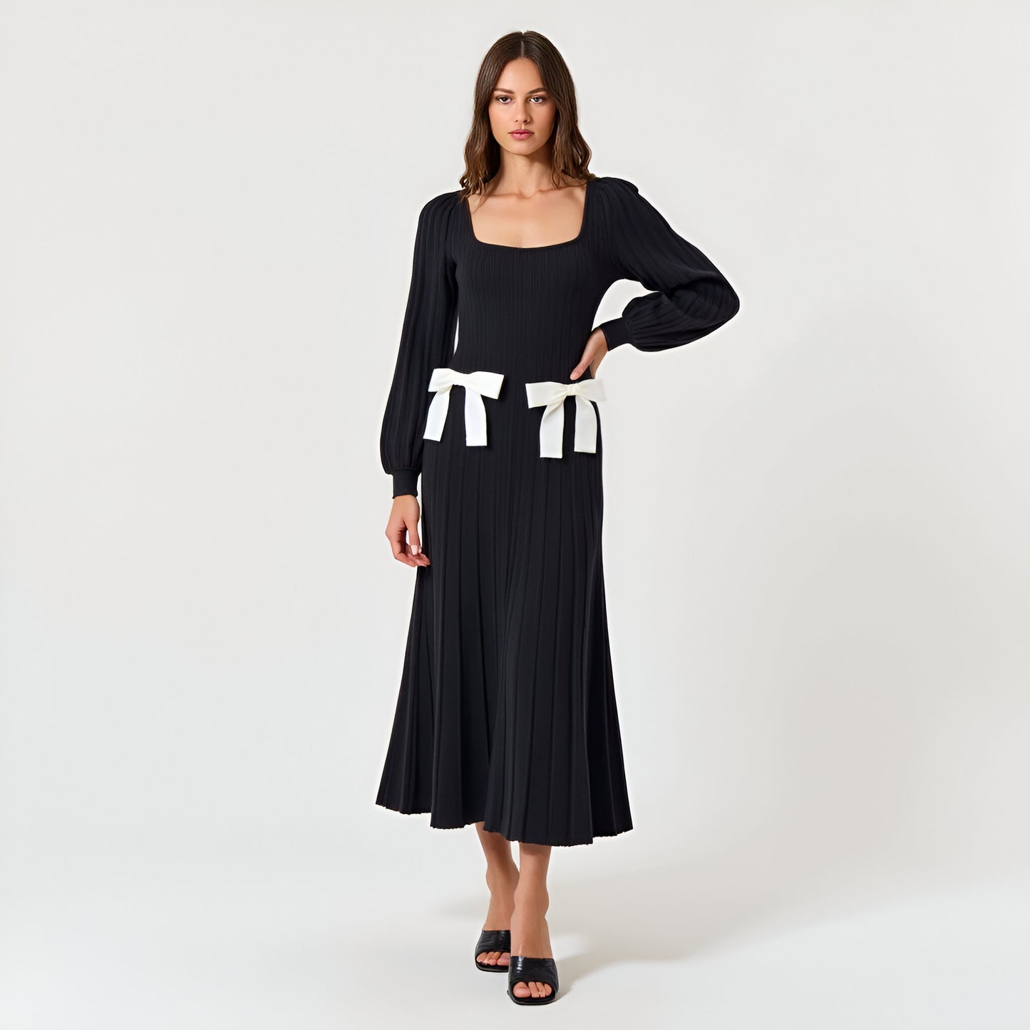 Front Bow Detail Flared Sweater Maxi Dress with Square Neckline and Long Puff Sleeves