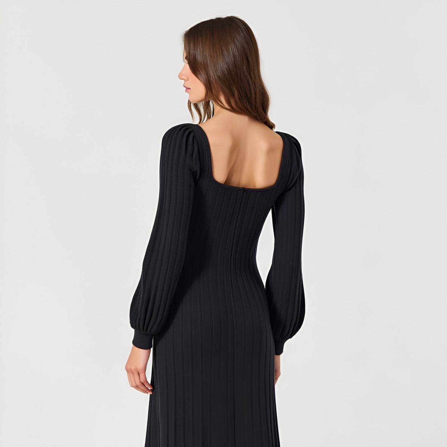 Front Bow Detail Flared Sweater Maxi Dress with Square Neckline and Long Puff Sleeves