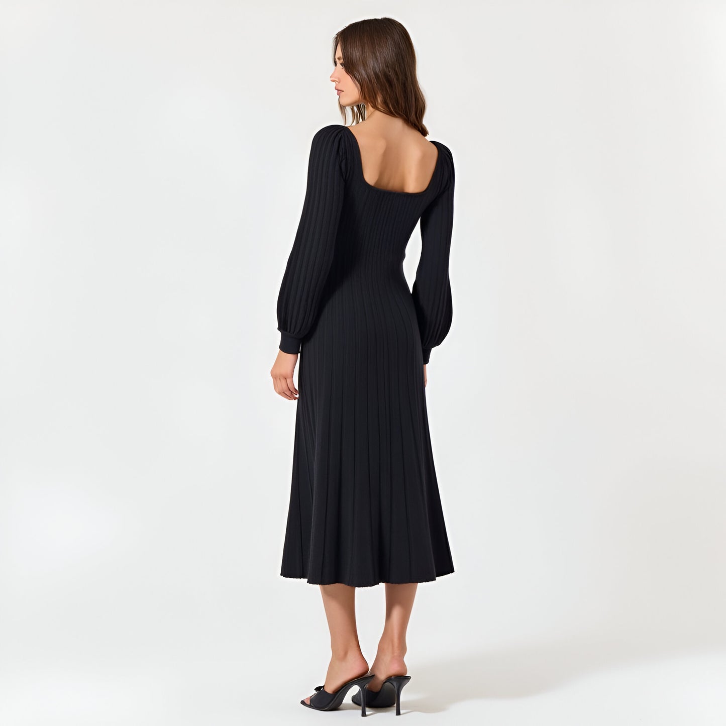 Front Bow Detail Flared Sweater Maxi Dress with Square Neckline and Long Puff Sleeves