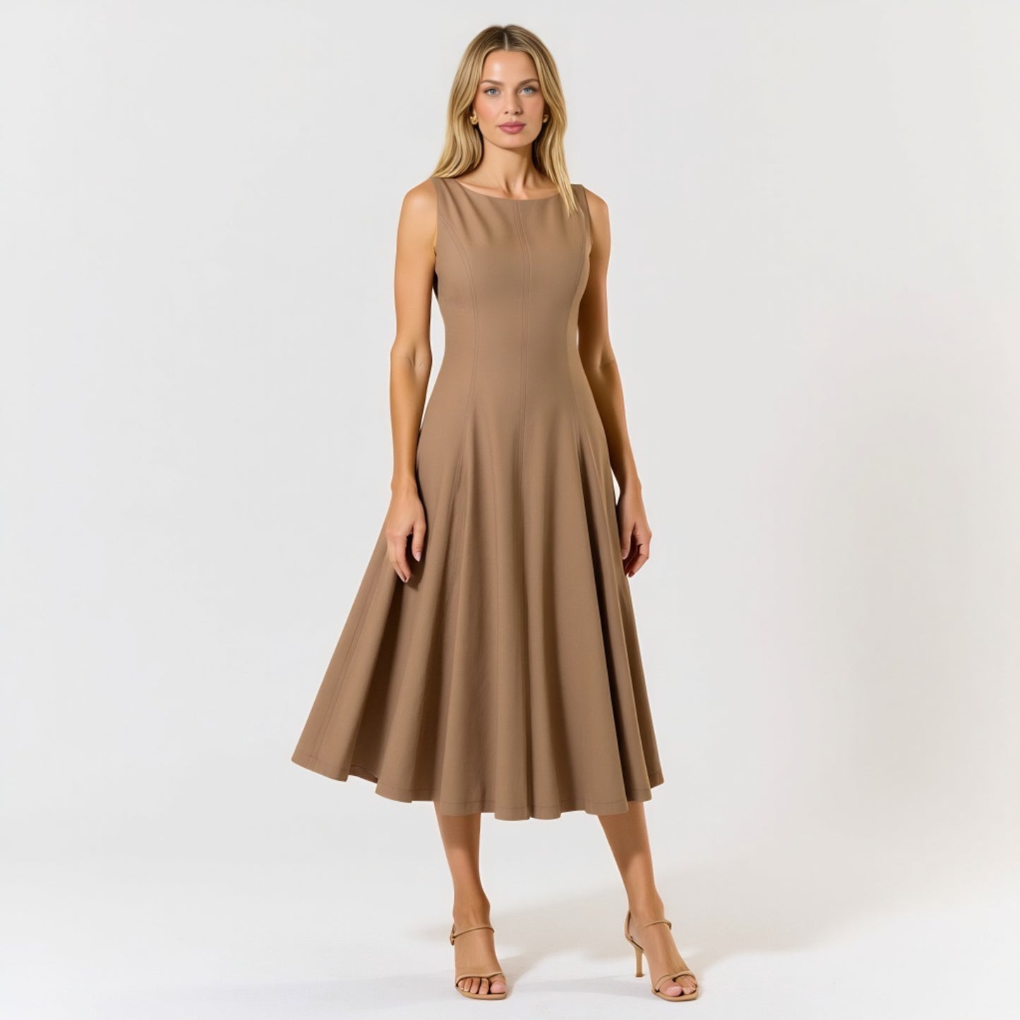 Sleeveless Boat Neck Fit and Flare Midi Dress with Seam Detailing