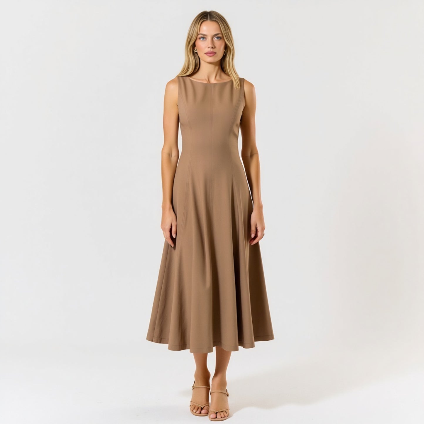 Sleeveless Boat Neck Fit and Flare Midi Dress with Seam Detailing