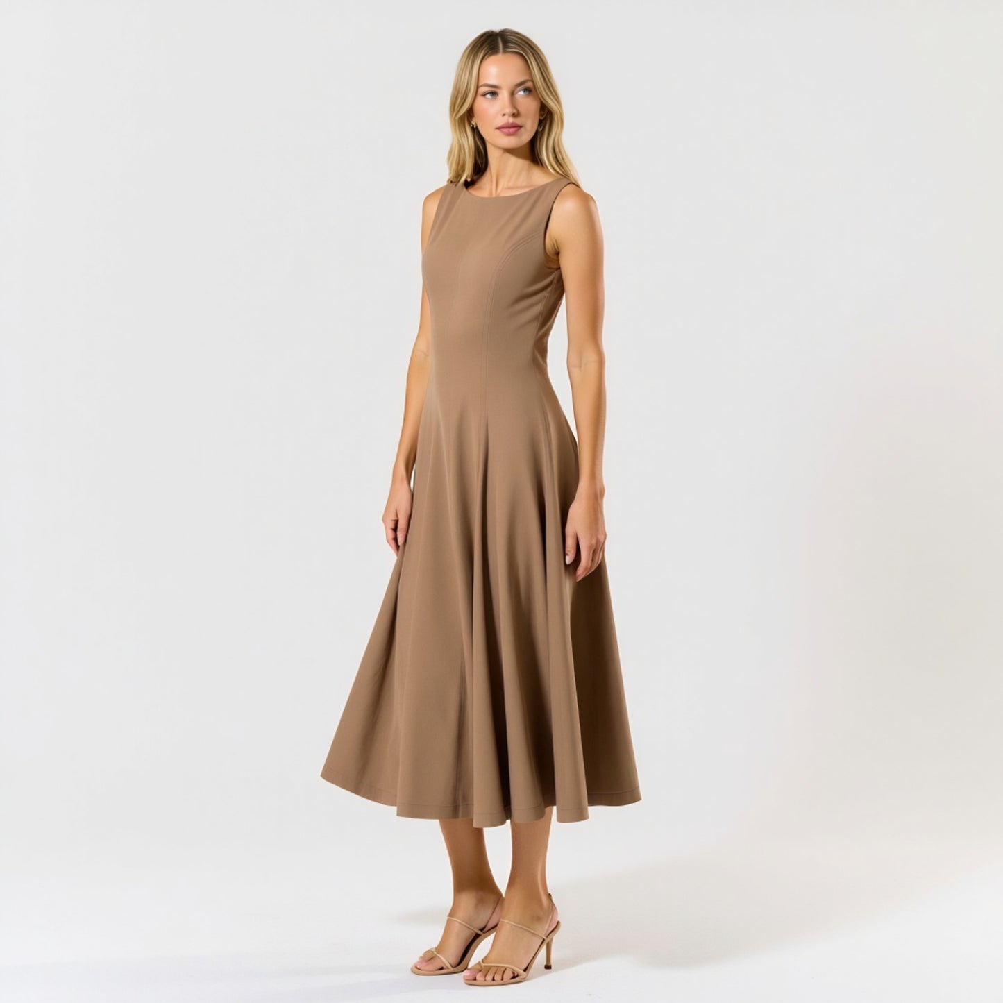 Sleeveless Boat Neck Fit and Flare Midi Dress with Seam Detailing