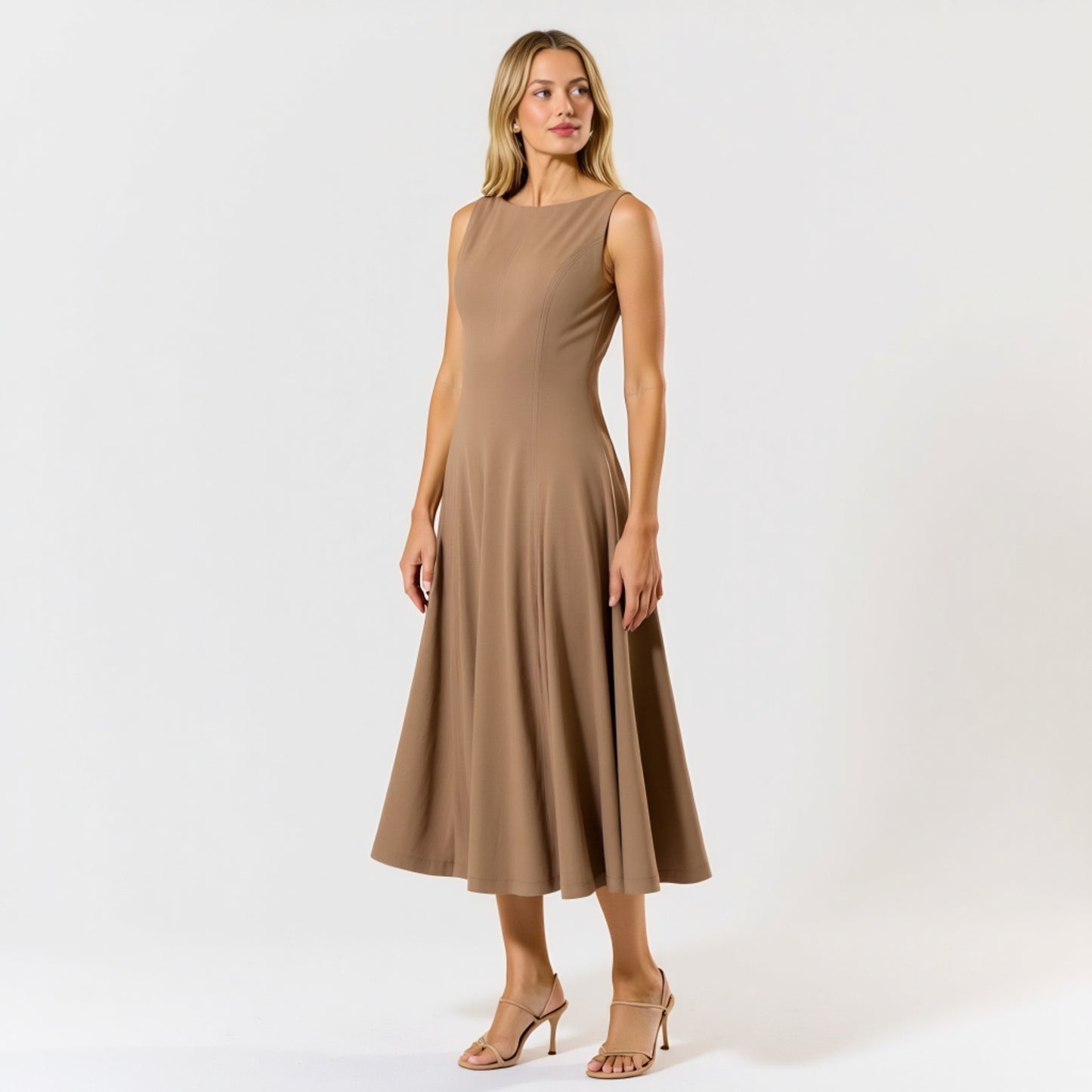 Sleeveless Boat Neck Fit and Flare Midi Dress with Seam Detailing