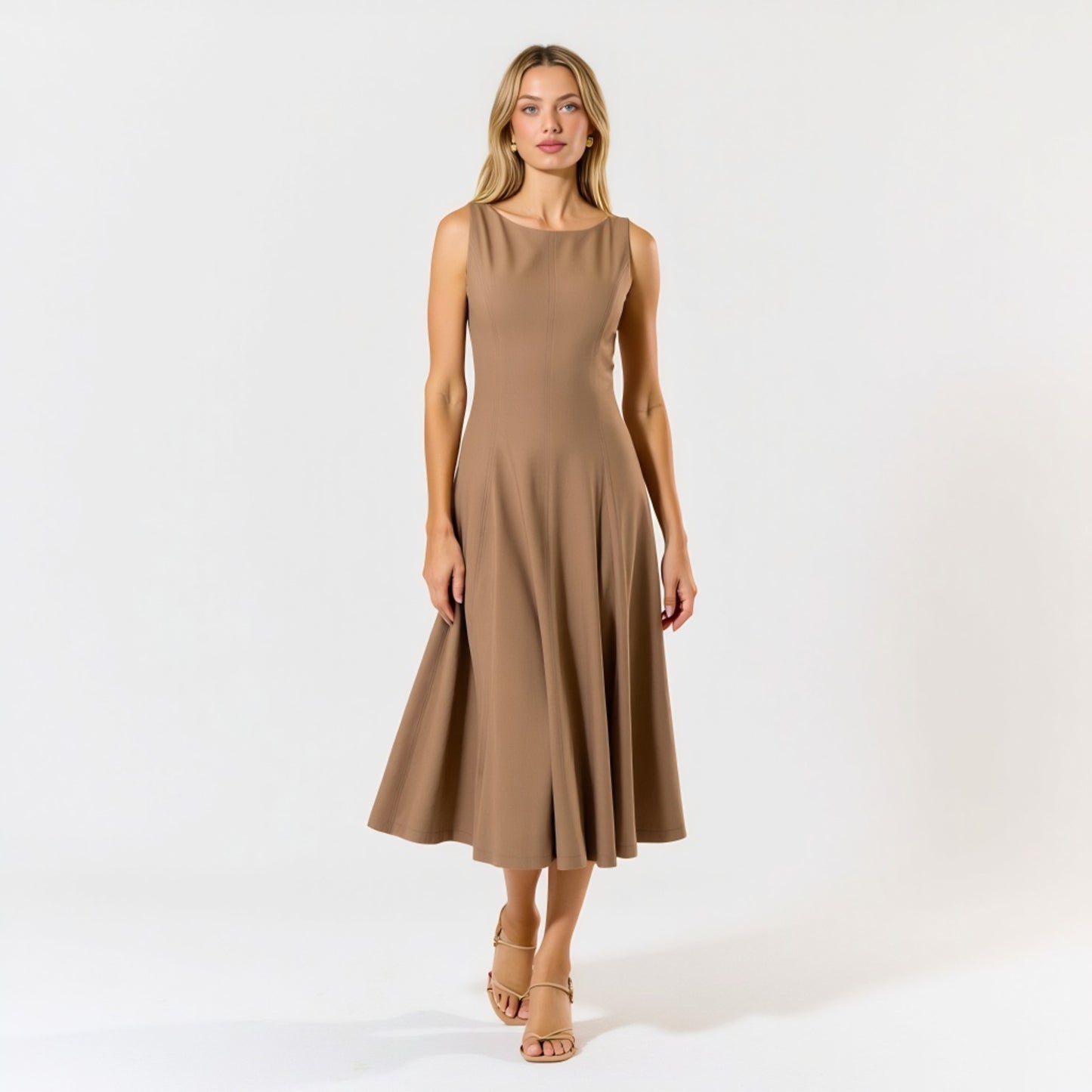 Sleeveless Boat Neck Fit and Flare Midi Dress with Seam Detailing