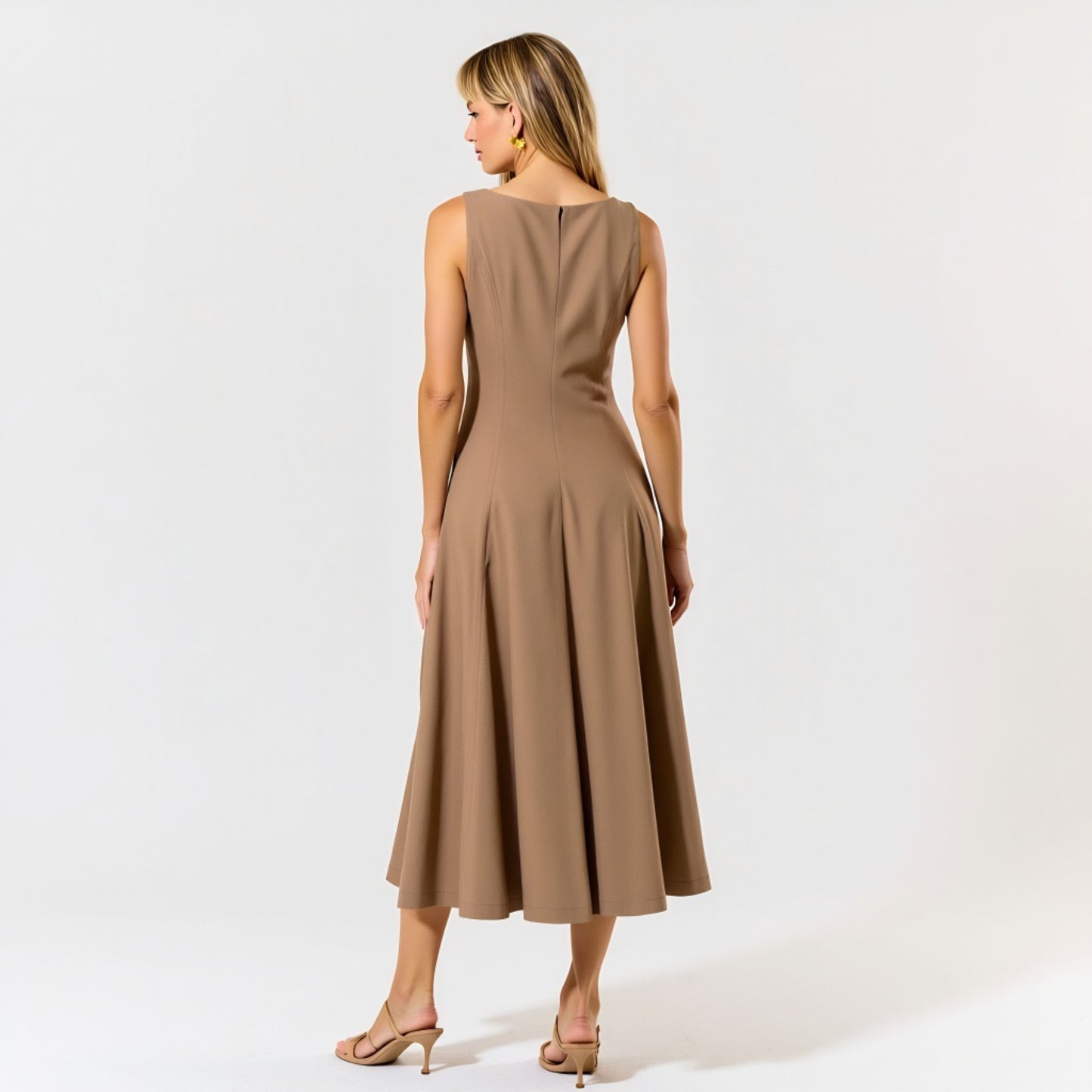 Sleeveless Boat Neck Fit and Flare Midi Dress with Seam Detailing