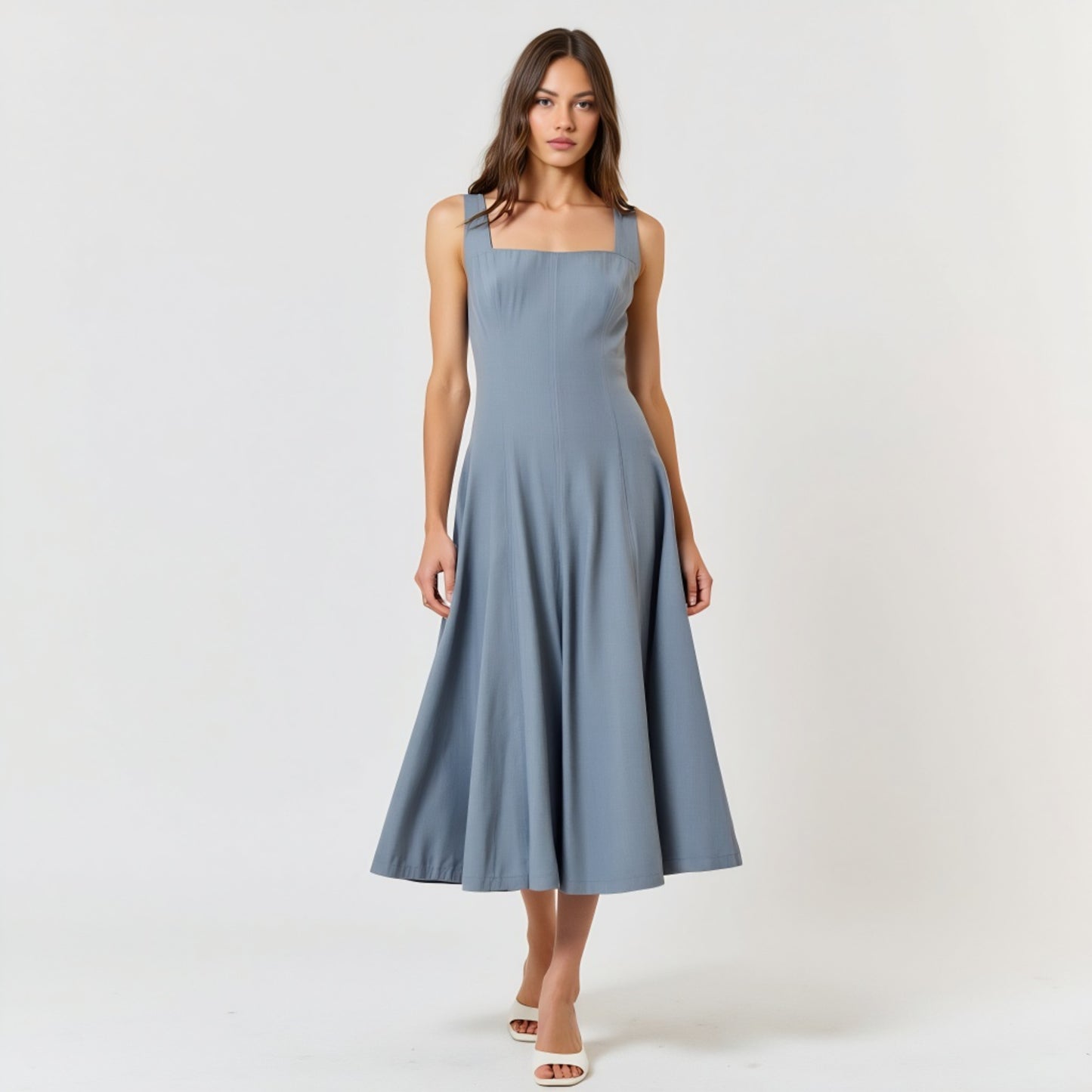 Wide Strap Square Neck Midi Dress with Fit and Flare Silhouette