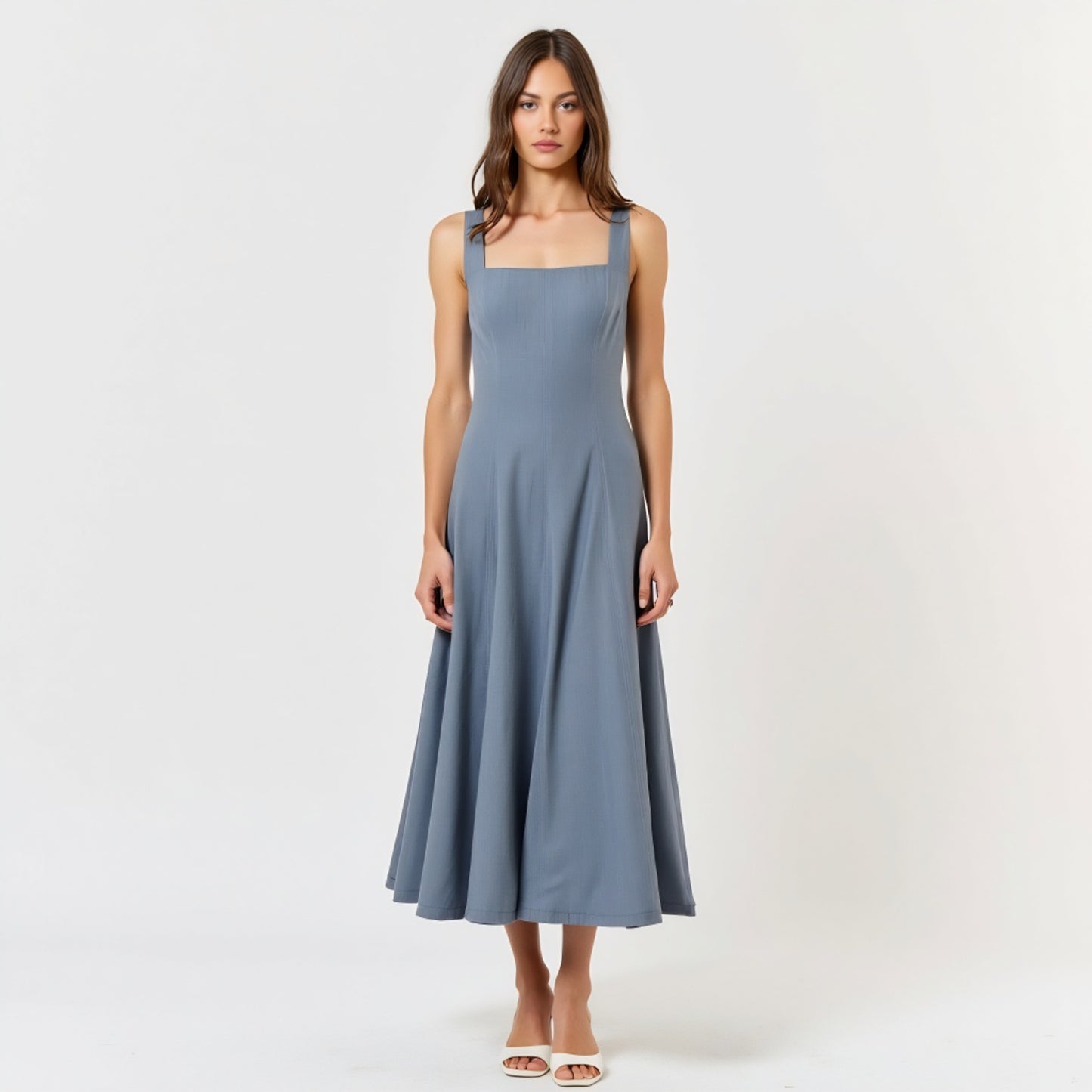Wide Strap Square Neck Midi Dress with Fit and Flare Silhouette