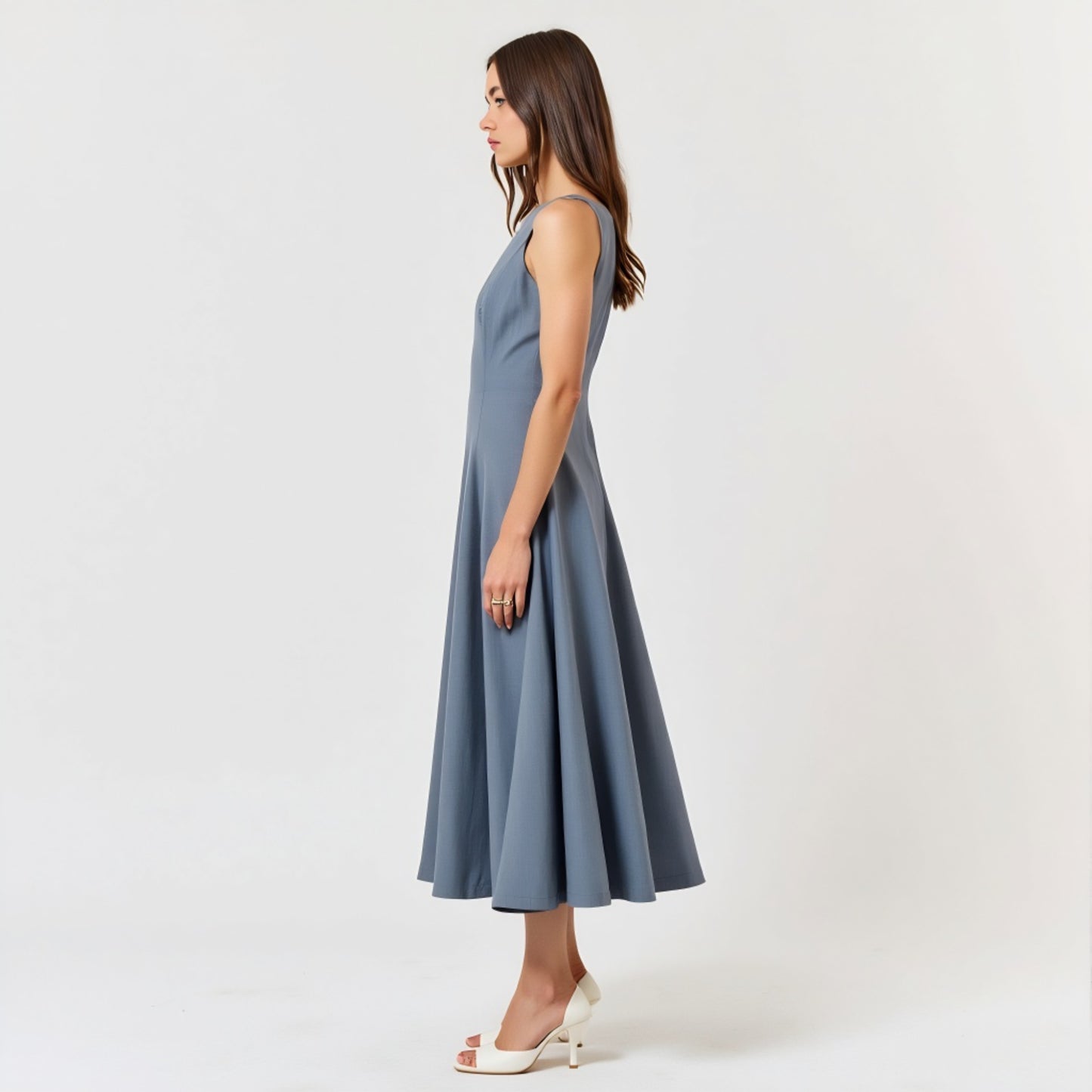 Wide Strap Square Neck Midi Dress with Fit and Flare Silhouette