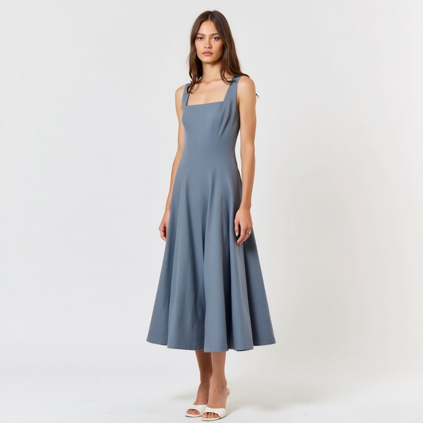Wide Strap Square Neck Midi Dress with Fit and Flare Silhouette