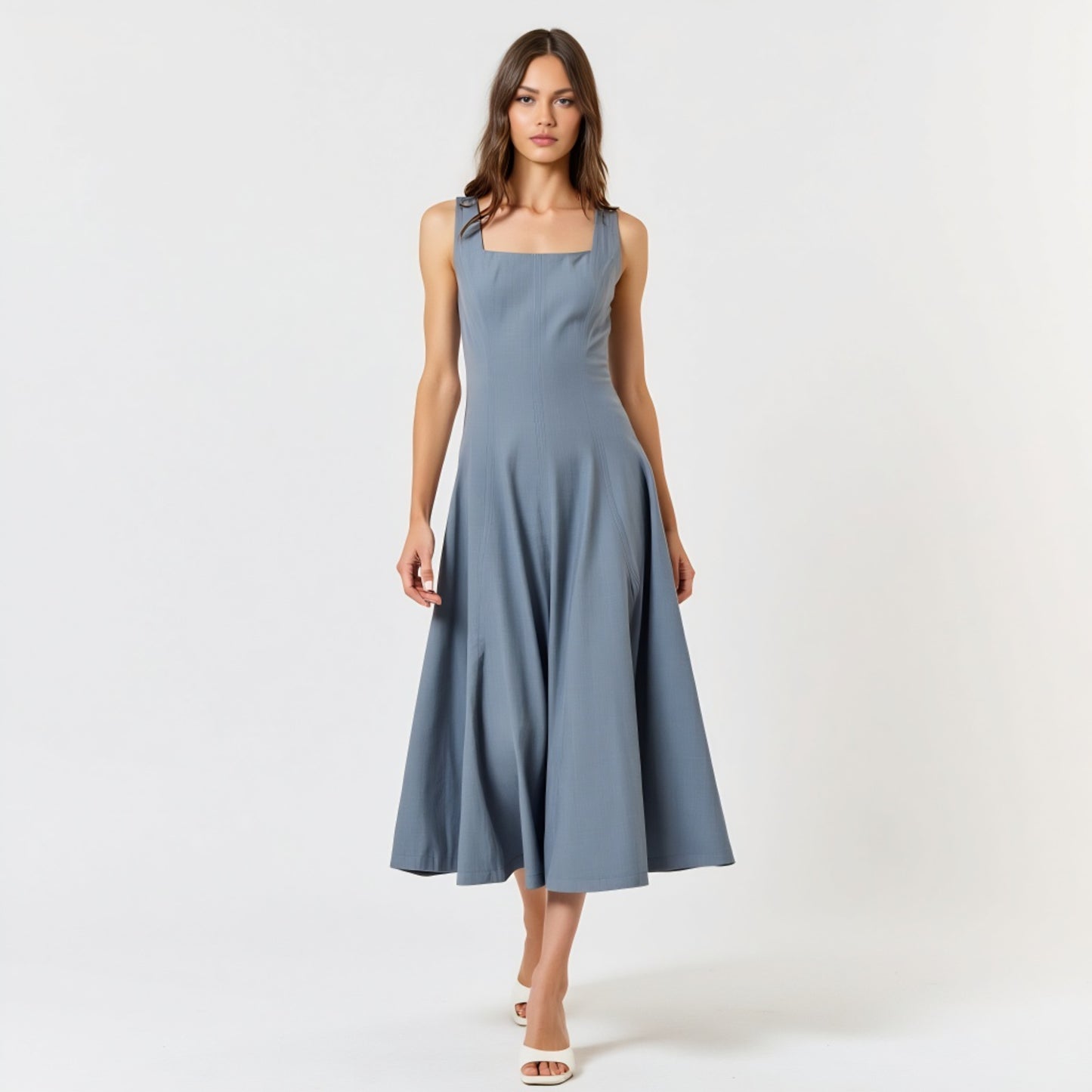 Wide Strap Square Neck Midi Dress with Fit and Flare Silhouette