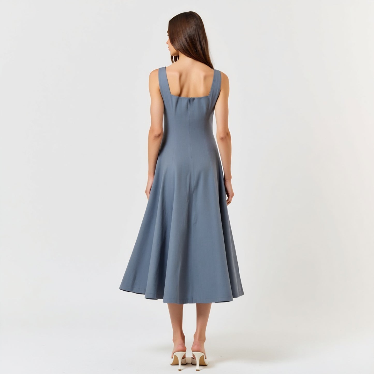 Wide Strap Square Neck Midi Dress with Fit and Flare Silhouette