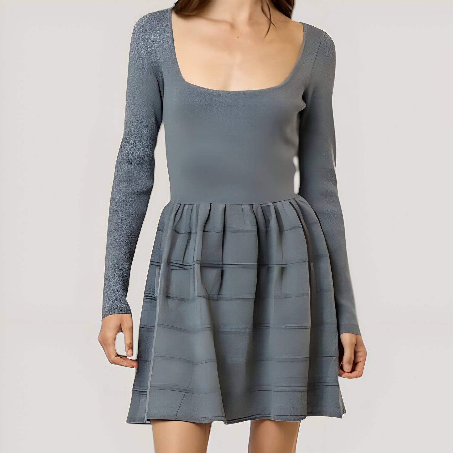 Flared Sweater Mini Dress with Square Neckline and Fit-and-Flare Silhouette