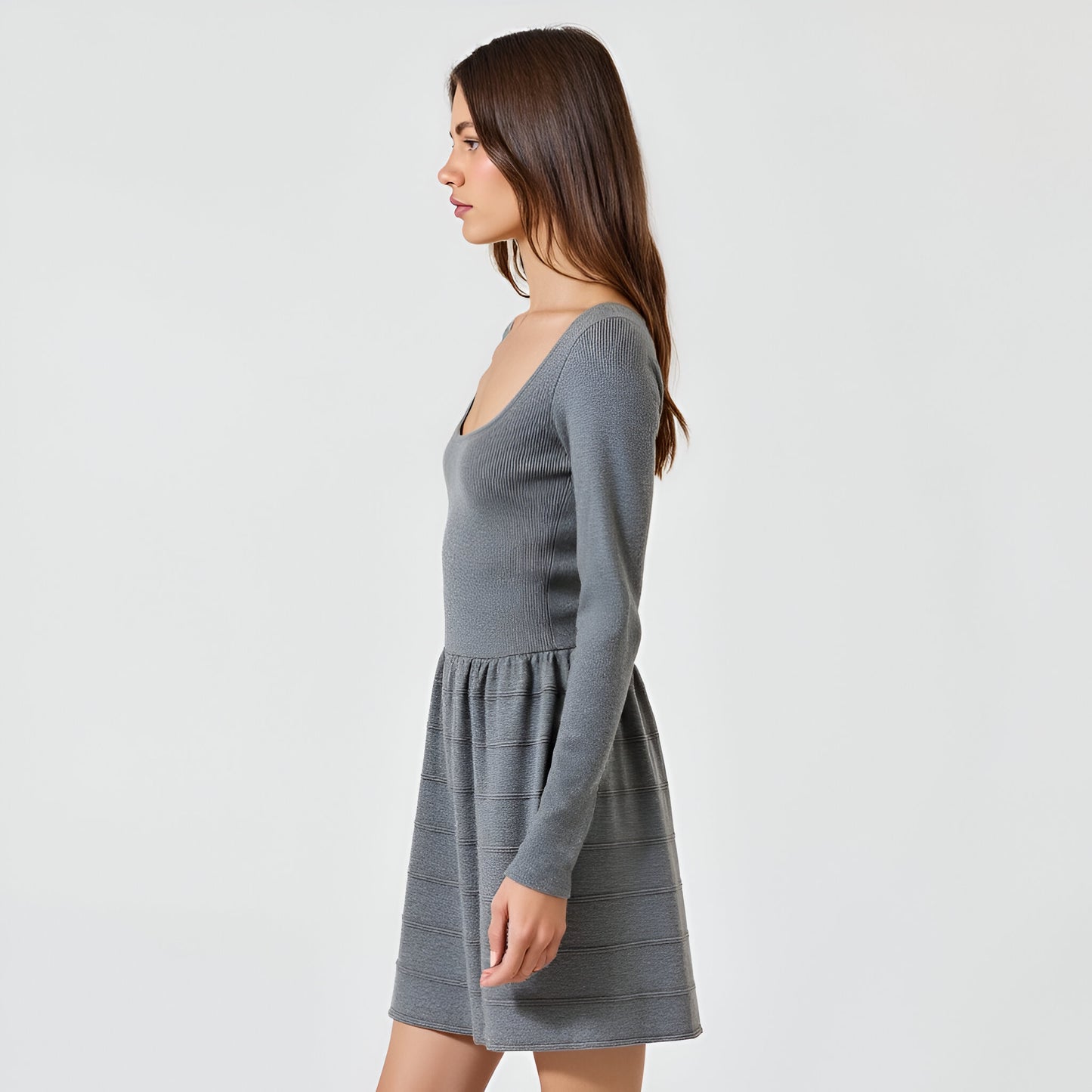 Flared Sweater Mini Dress with Square Neckline and Fit-and-Flare Silhouette