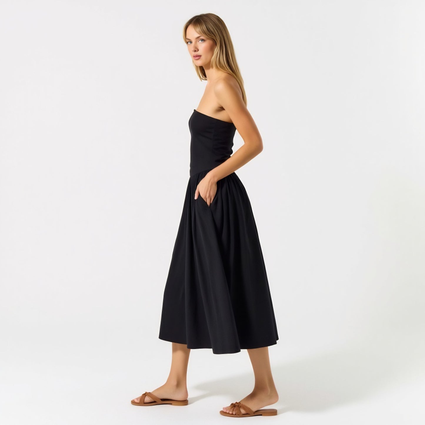 Strapless Smocked Bodice Midi Dress with Flowy Skirt and Pockets